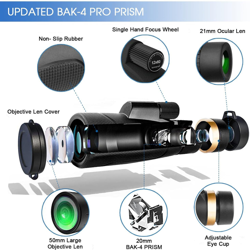 Birthday Gifts for Men Dad Husband Him, 12X60 Monocular Telescope with Smartphone Holder & Upgraded Tripod, High Powered SMC & BAK4 Scope, Gifts for Christmas, Outdoors Hiking Gifts