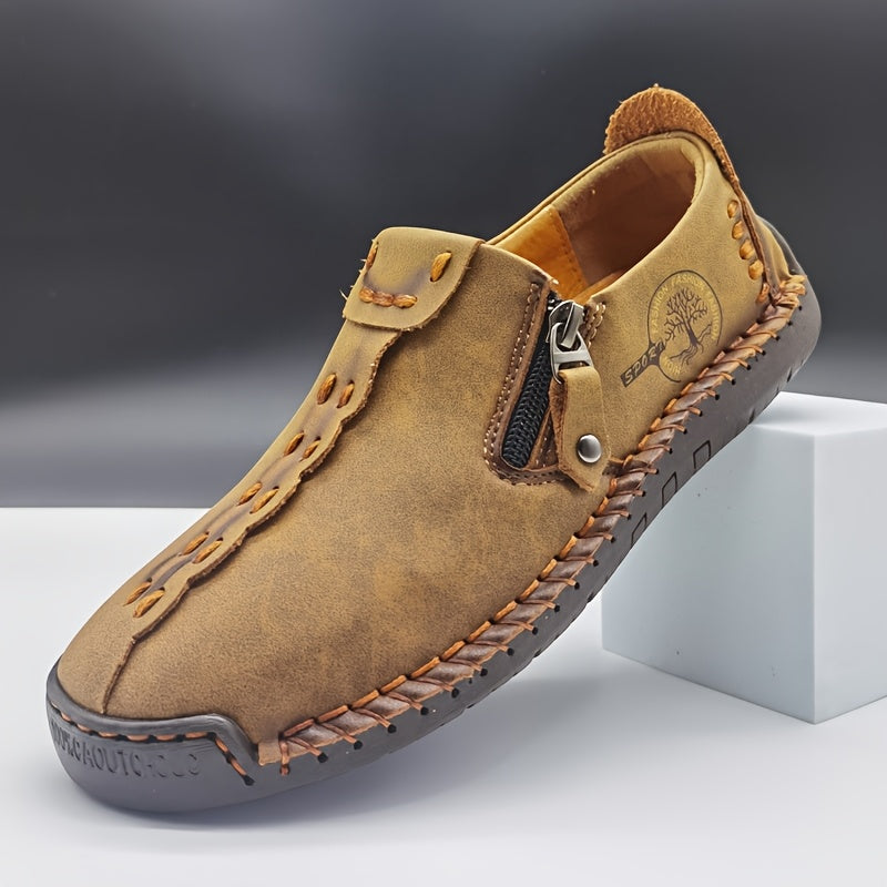 Men’s Vintage Zipper Loafers – Brown & Black Round-Toe Microfiber Dress-Casual Shoes