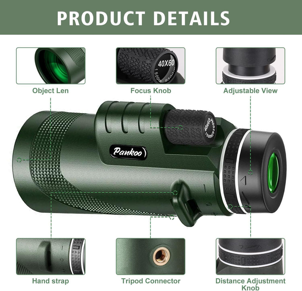 40X60 Monocular Telescope with Smartphone Holder& Tripod, High Power Nitrogen-Filled Monocular for Adults with BAK4 Prism & FMC Lens, HD Monocular Scope for Birdwatching Hiking Concert Travelling