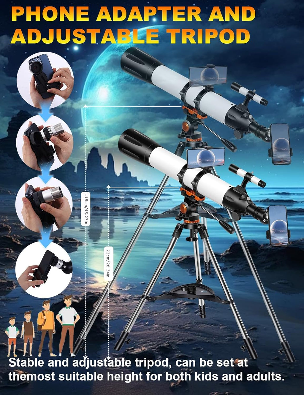 Telescope for Adults High Powered 90Mm Aperture 800Mm(32X-240X),Refractor Telescopes for Astronomy Beginners with AZ Mount Tripod,Phone Adapter,Carry Bag(80090White)