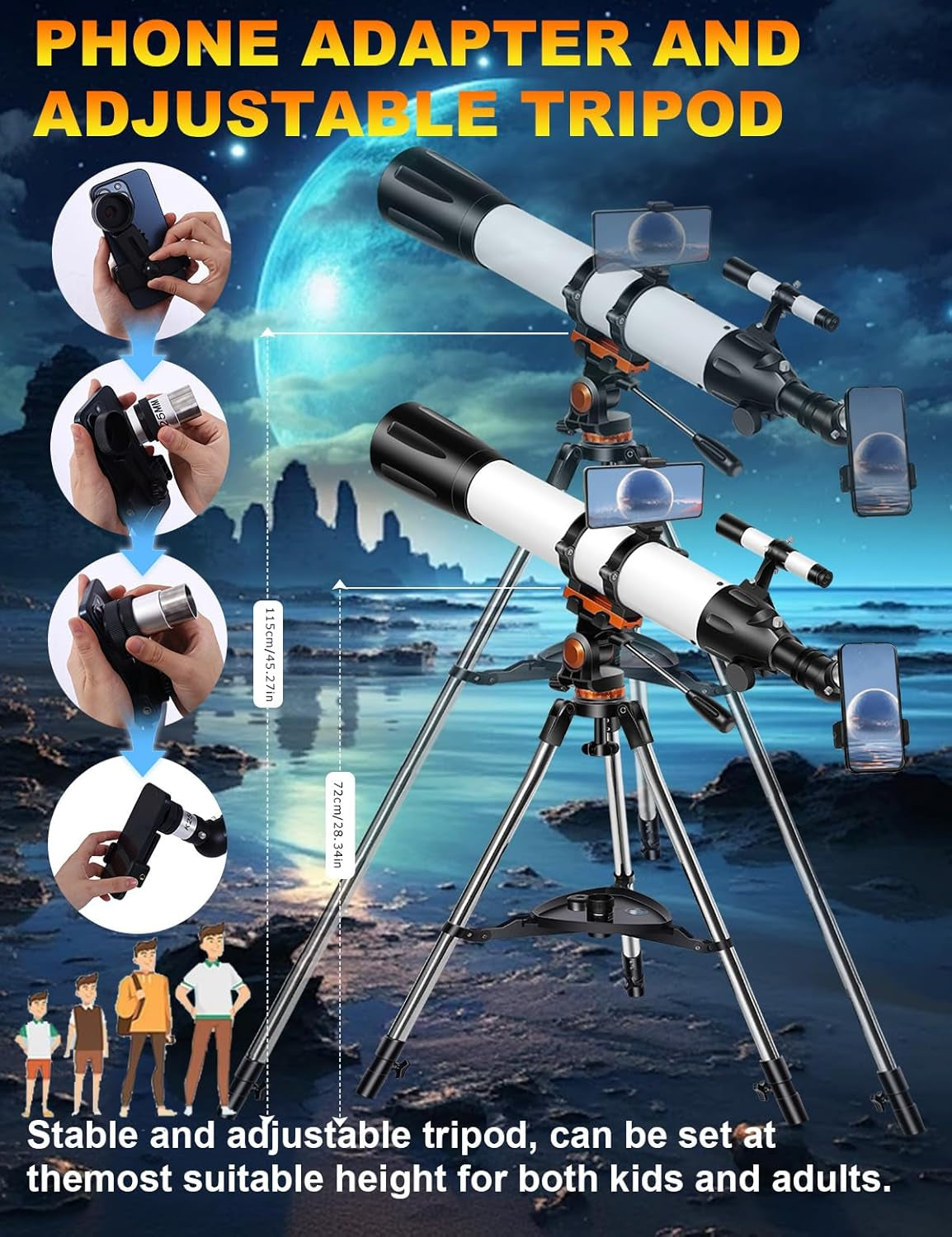 Telescope for Adults High Powered 90Mm Aperture 800Mm(32X-240X),Refractor Telescopes for Astronomy Beginners with AZ Mount Tripod,Phone Adapter,Carry Bag(80090White)