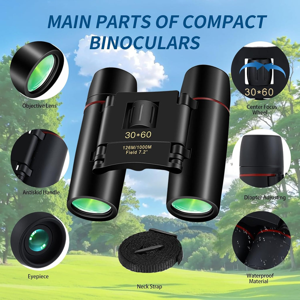 Small Compact Binoculars for Adults and Kids,30X60 Mini Binoculars BAK4 Prism Waterproof Lightweight Foldable Easy Focus for Bird Watching,Hunting,Concerts,Hiking