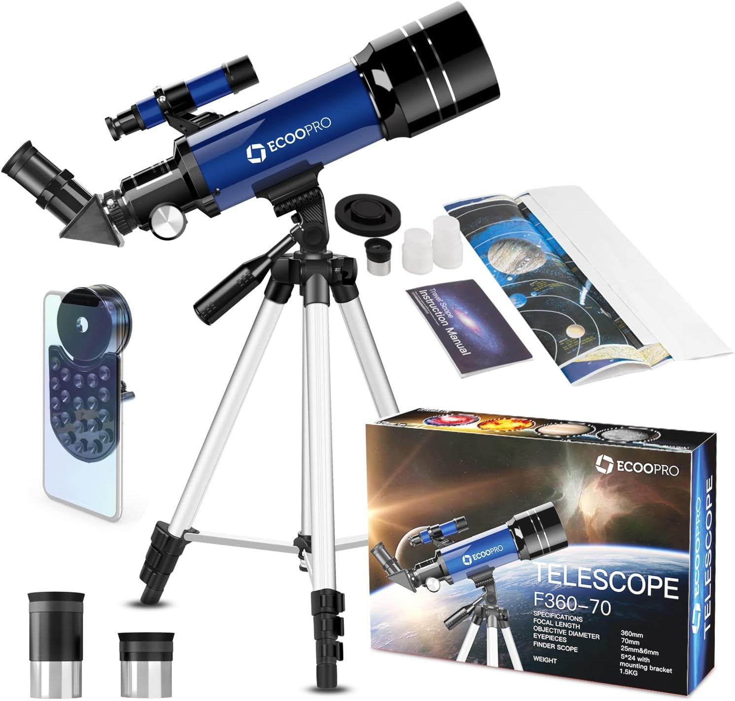 Telescope for Kids & Adults, 70Mm Aperture 360Mm Refractor (15X-150X) Telescope for Astronomy Beginners, Portable Travel Telescopes with Phone Adapter & 2 Eyepieces