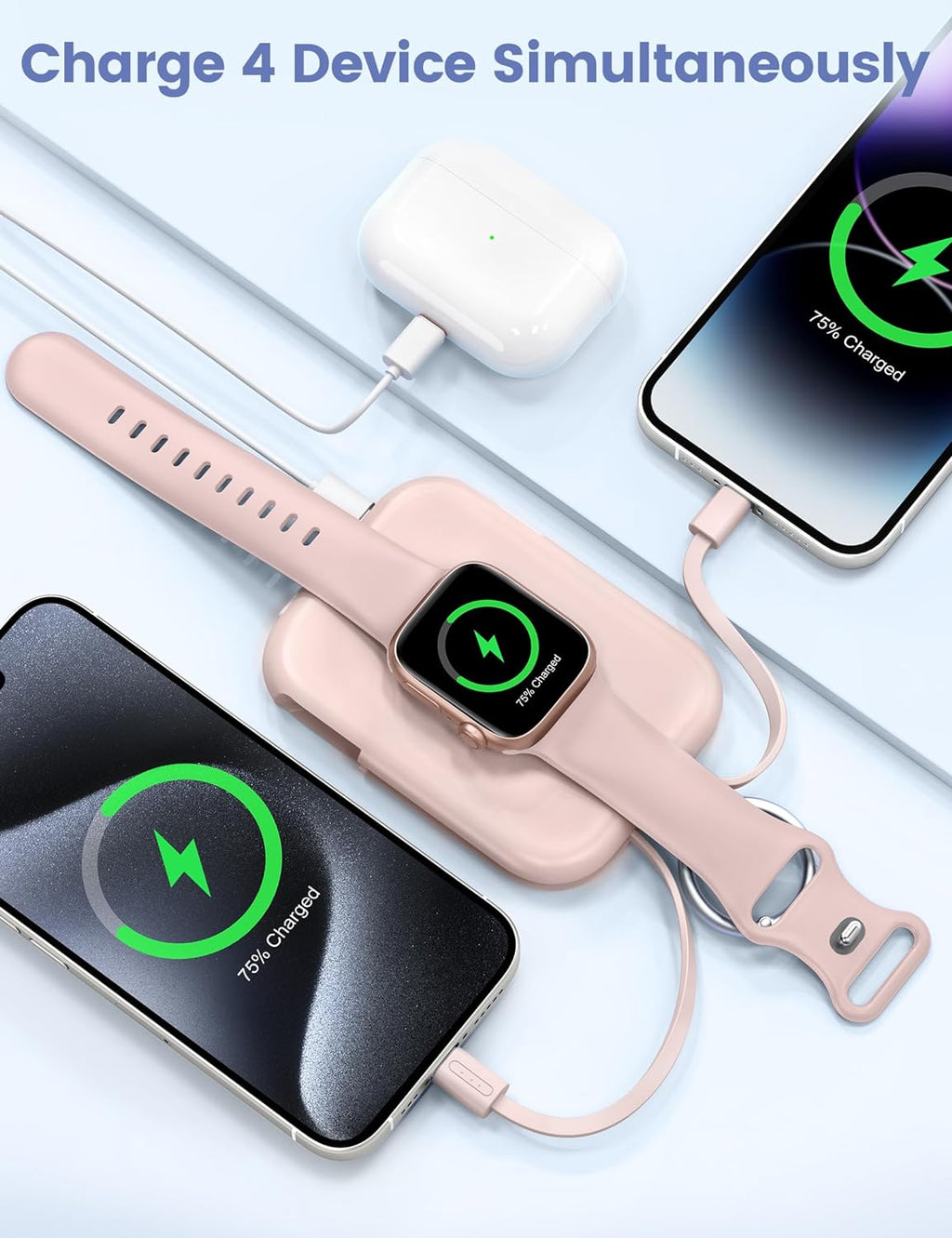 Portable Charger, 5000Mah Portable Charger Power Bank with Built-In Cables, Travel Keychain Battery Pack for Apple Watch Ultra/11/10/9/8/7/6/Se, Iphone Air/17/16/15/14/13/12, Pink
