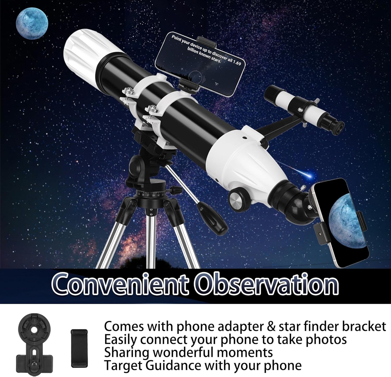 Telescope, 90Mm Aperture 900Mm Astronomical Refractor Telescope for Adults High Powered - Multi-Coated Professional Telescopes for Astronomy Beginners with AZ Mount, Portable Carry Bag, Phone Adapter