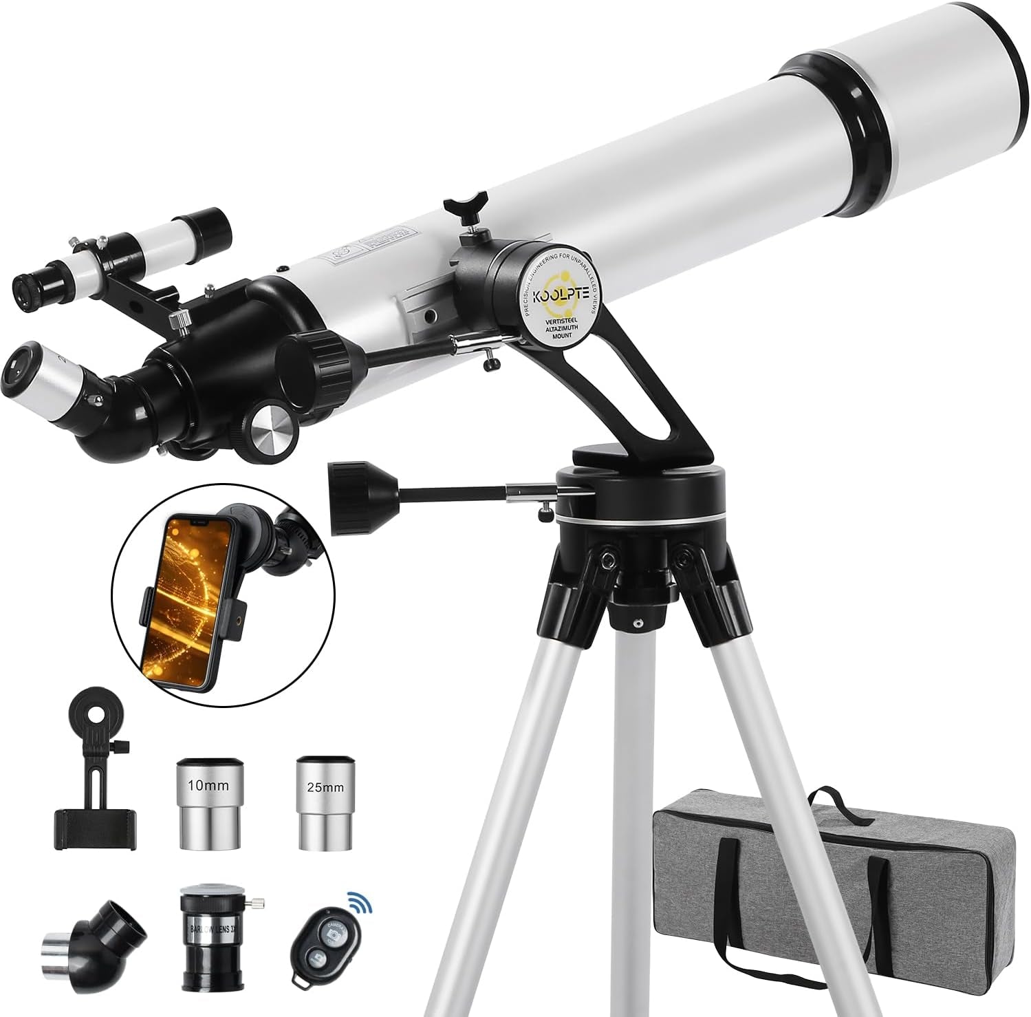 Telescope, 90Mm Aperture 700Mm with Vertisteel AZ Mounting Slow-Motion Mount, High Power for Astronomy Enthusiasts, Easy for Kids, with Carry Bag, Wireless Remote Control, Phone Adapter,White