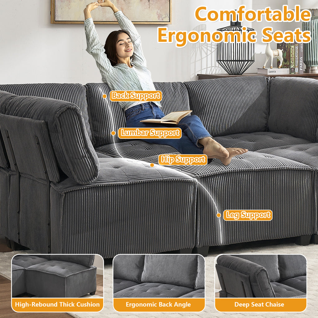 Modular Sectional Sofa U-Shaped Couch with Reversible Chaise, 6-Seat Convertible Design for Living Room