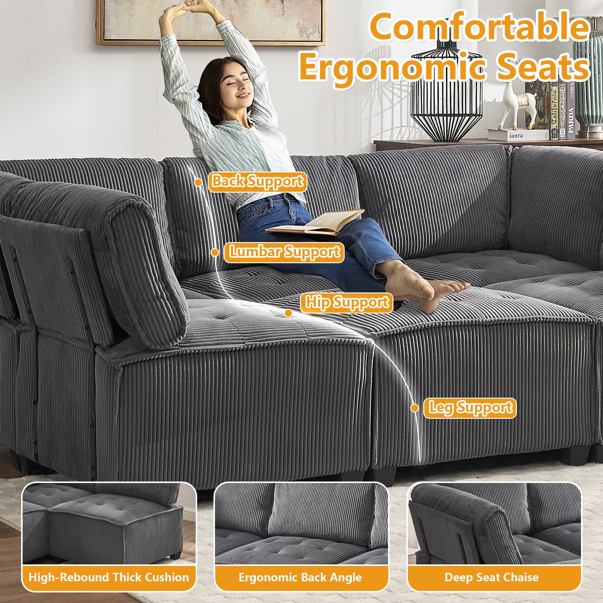 Modular Sectional Sofa U-Shaped Couch with Reversible Chaise, 6-Seat Convertible Design for Living Room