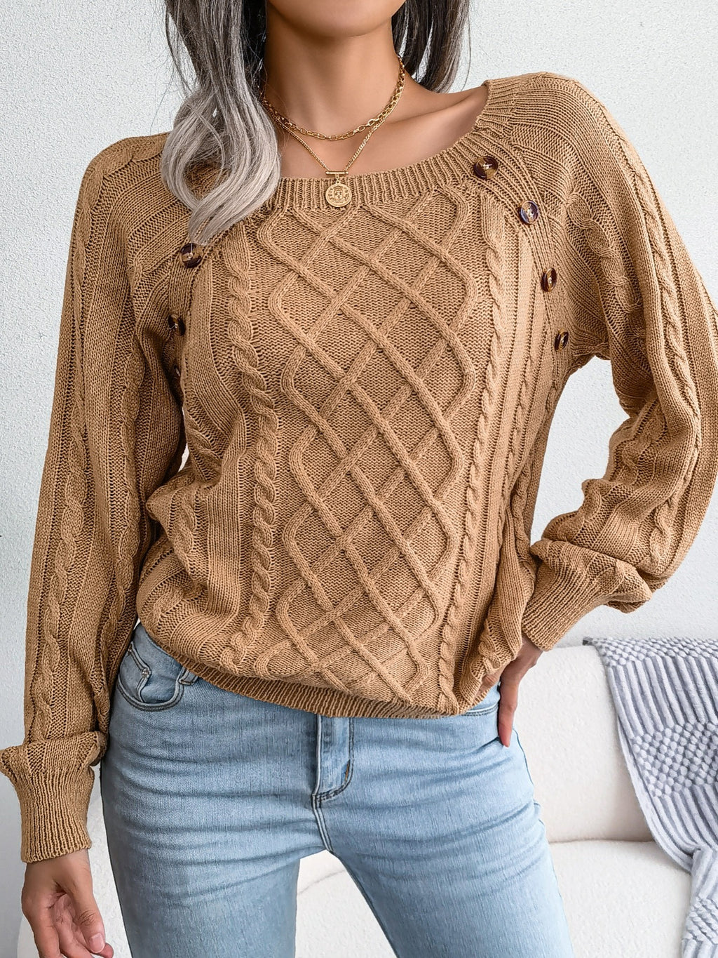 Textured Button Lantern Sleeve Sweater – Women’s Casual Knit