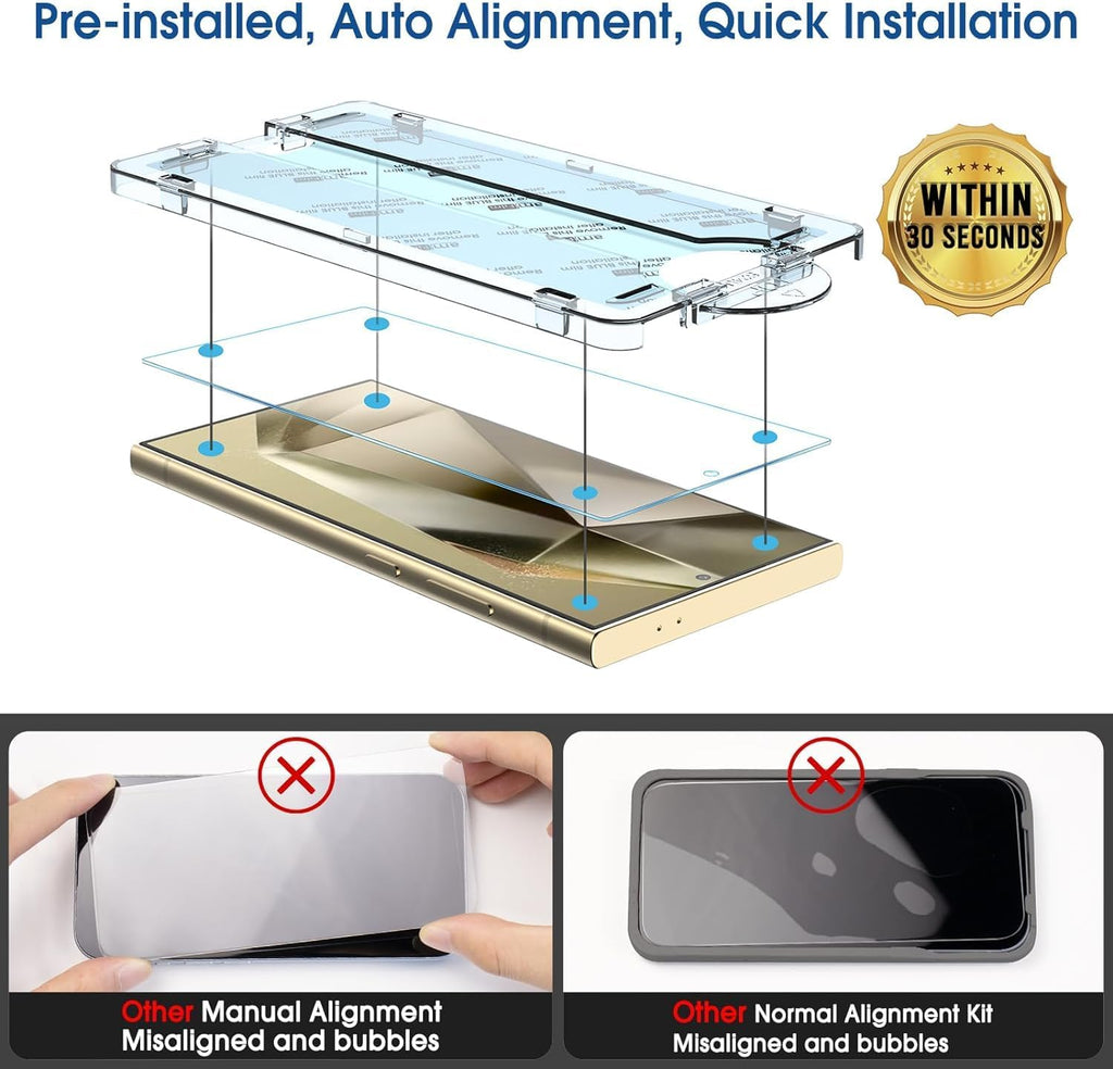 Auto-Alignment Onetouch for Samsung Galaxy S24 Ultra 6.8'' Screen Protector + Camera Lens Protector, Tempered Glass, 30 Seconds Installation, Bubble Free, Case Friendly, Anti-Scratch [2+2 Pack]