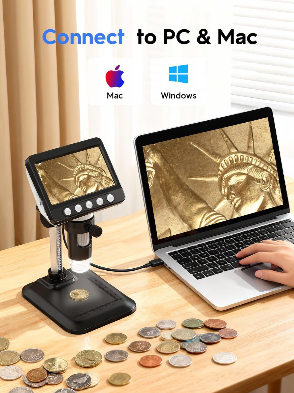 Coin Microscope, 4.3" LCD USB Digital Microscope 1000X Coin Magnifier with 8 Adjustable LED Lights, 1080P PC View Compatible with Windows/Macbook for Adults Kids