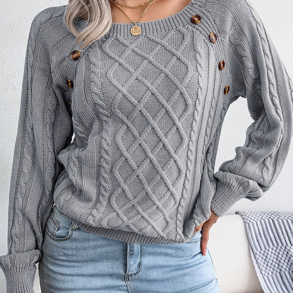 Textured Button Lantern Sleeve Sweater – Women’s Casual Knit