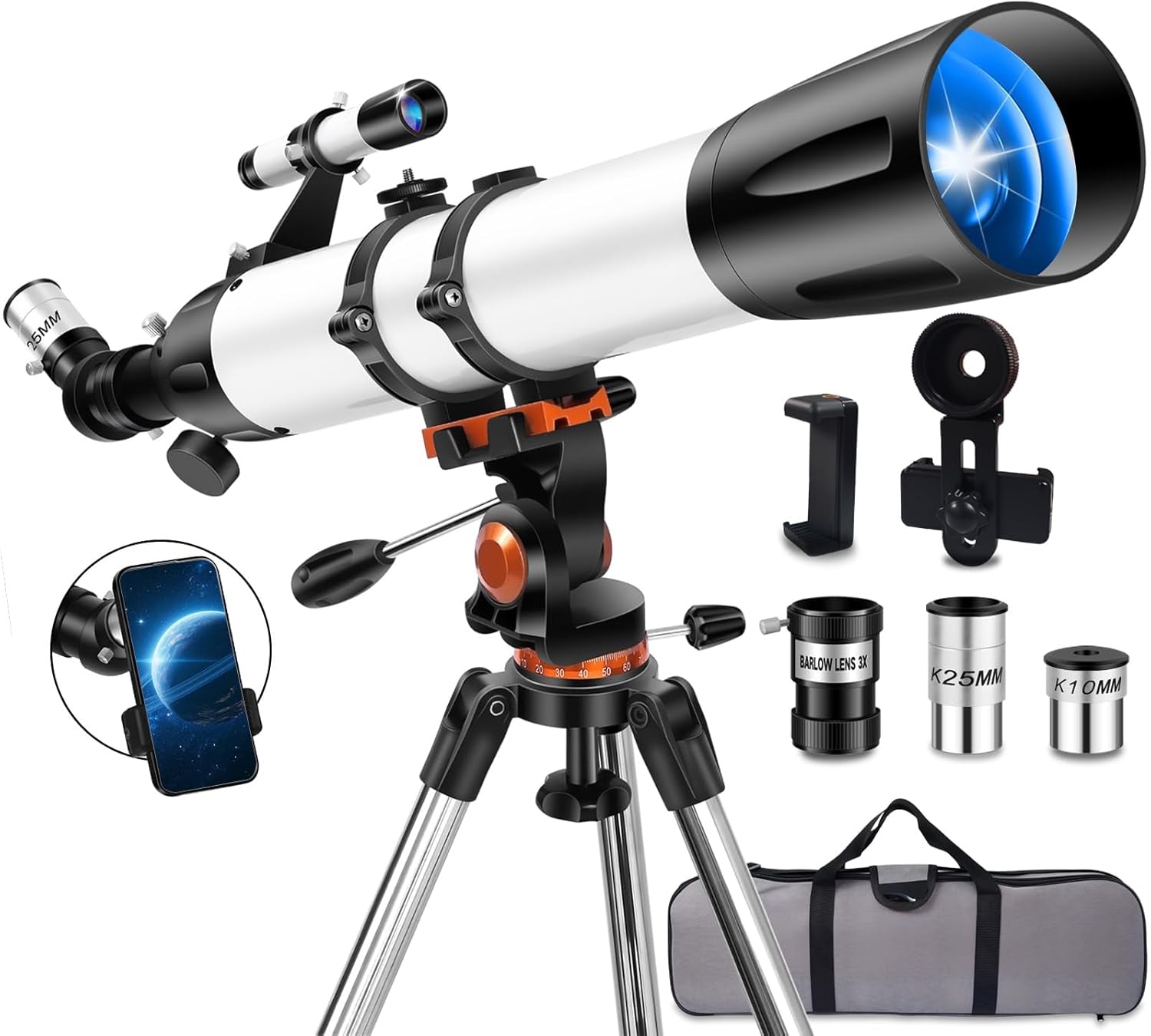 Telescope for Adults High Powered 90Mm Aperture 800Mm(32X-240X),Refractor Telescopes for Astronomy Beginners with AZ Mount Tripod,Phone Adapter,Carry Bag(80090White)