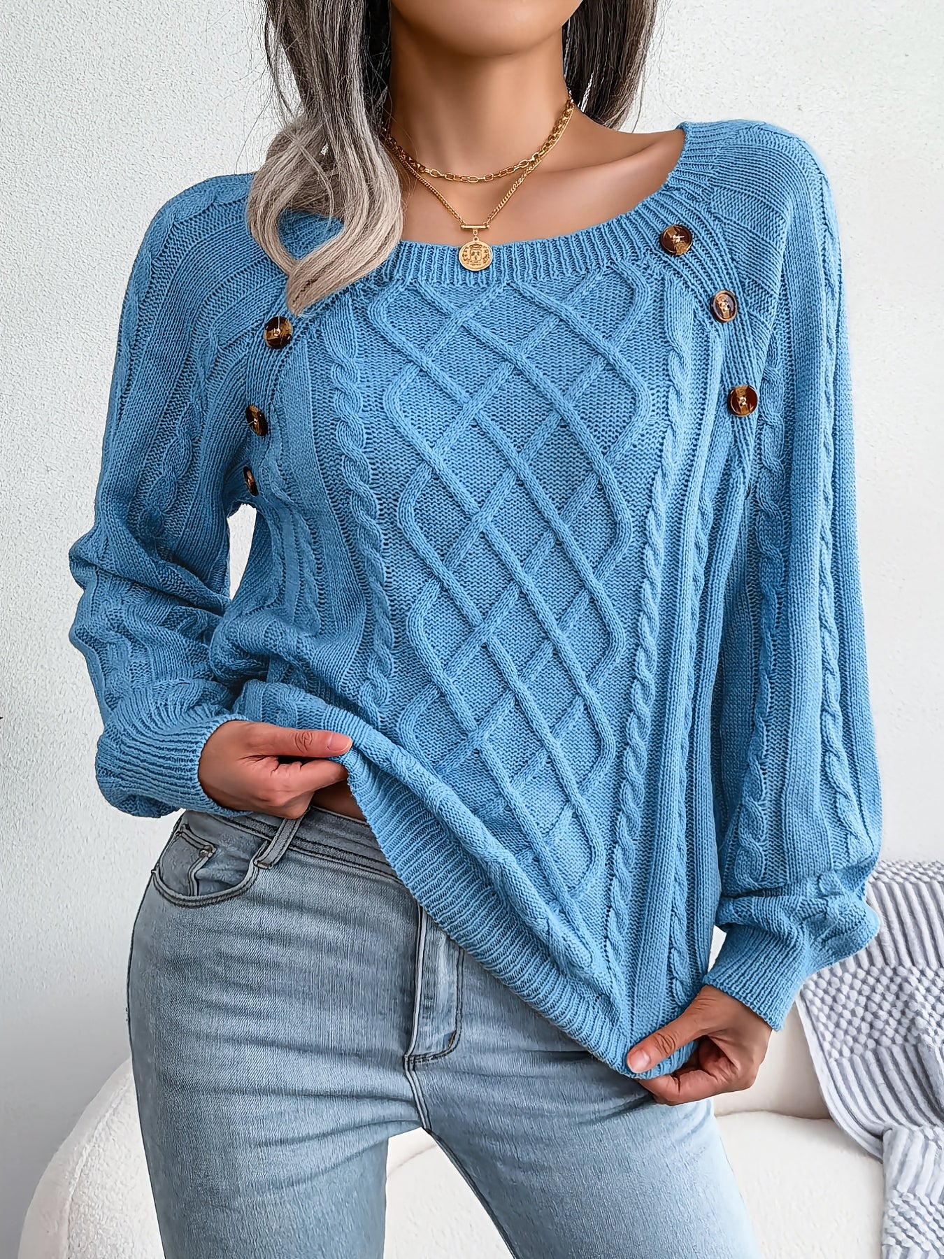 Textured Button Lantern Sleeve Sweater – Women’s Casual Knit