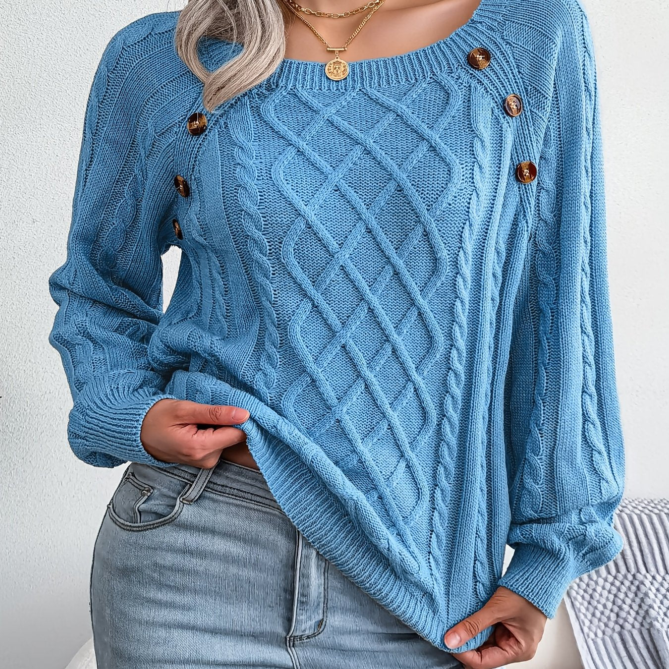 Textured Button Lantern Sleeve Sweater – Women’s Casual Knit