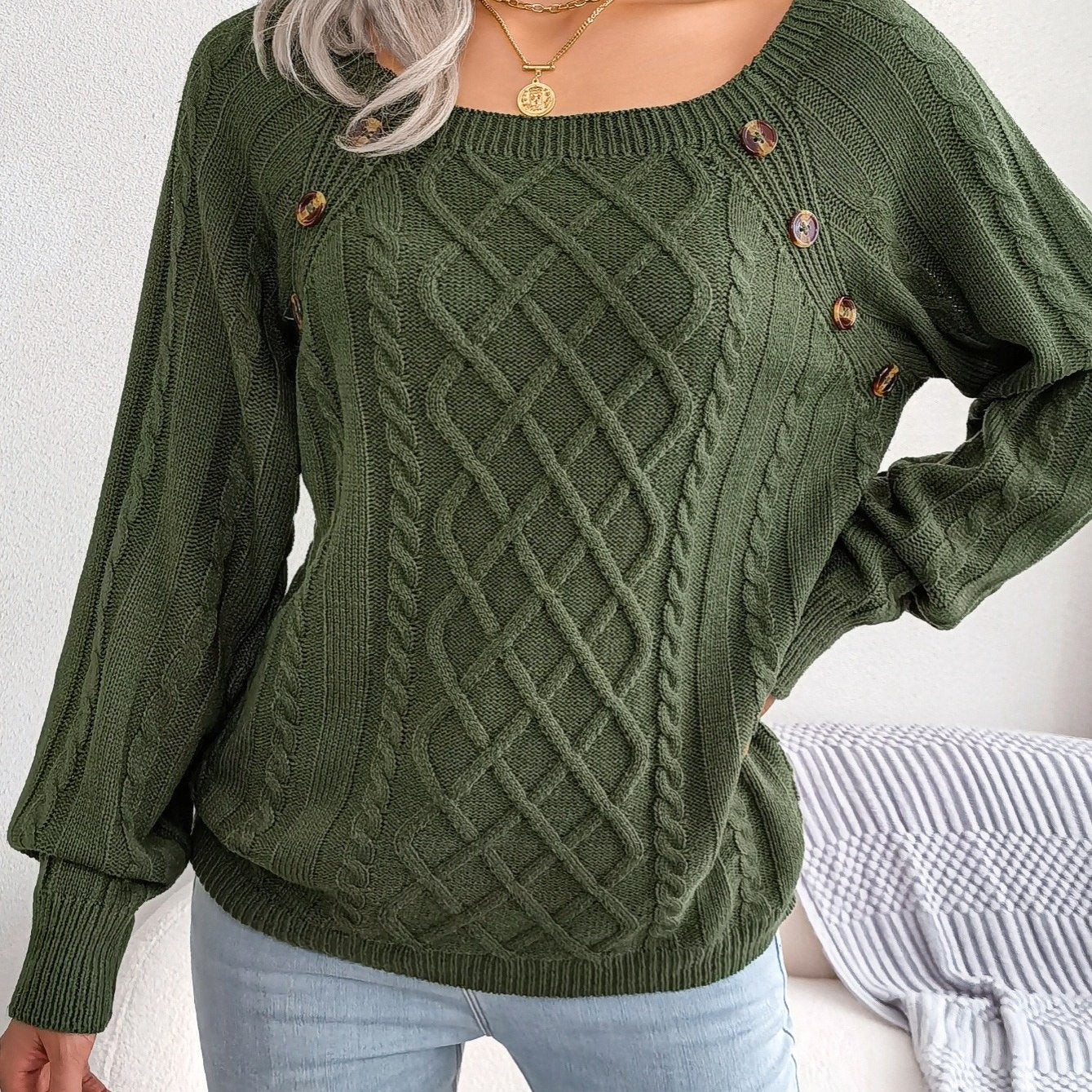 Textured Button Lantern Sleeve Sweater – Women’s Casual Knit