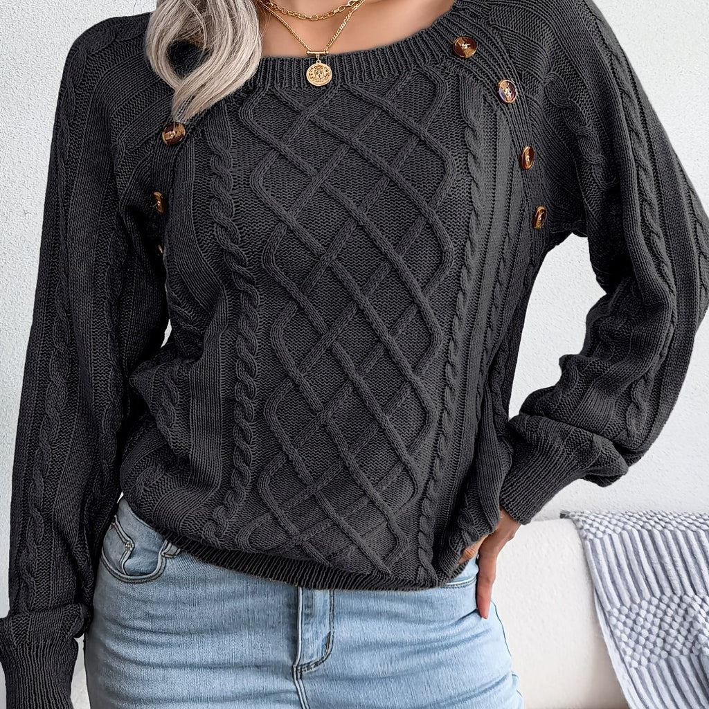 Textured Button Lantern Sleeve Sweater – Women’s Casual Knit