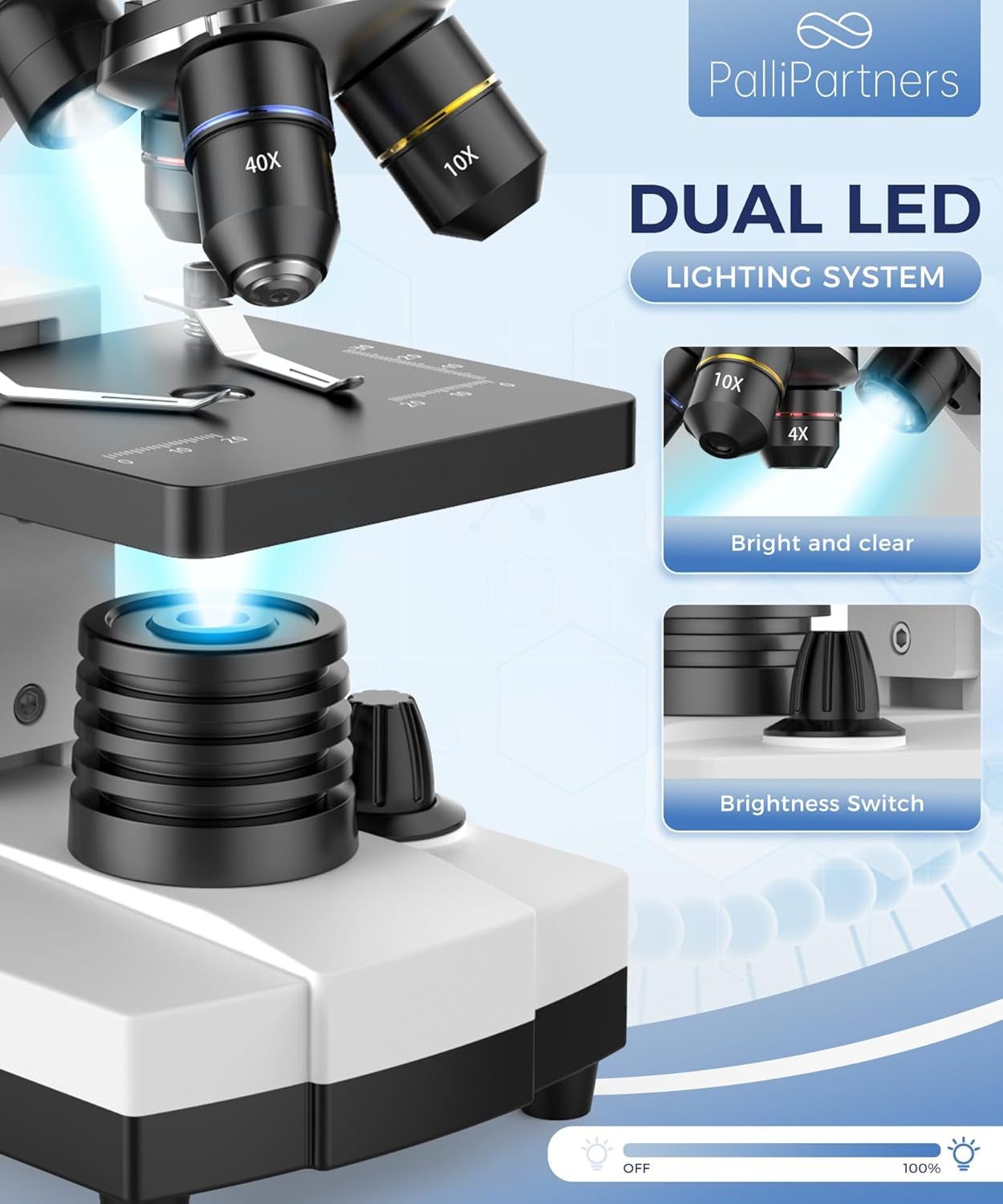 Compound Microscope for Adults & Kids - 100X-2000X High-Power Biological Microscope for Students, School Lab & Home Education, with Slides Set & Phone Adapter (White)