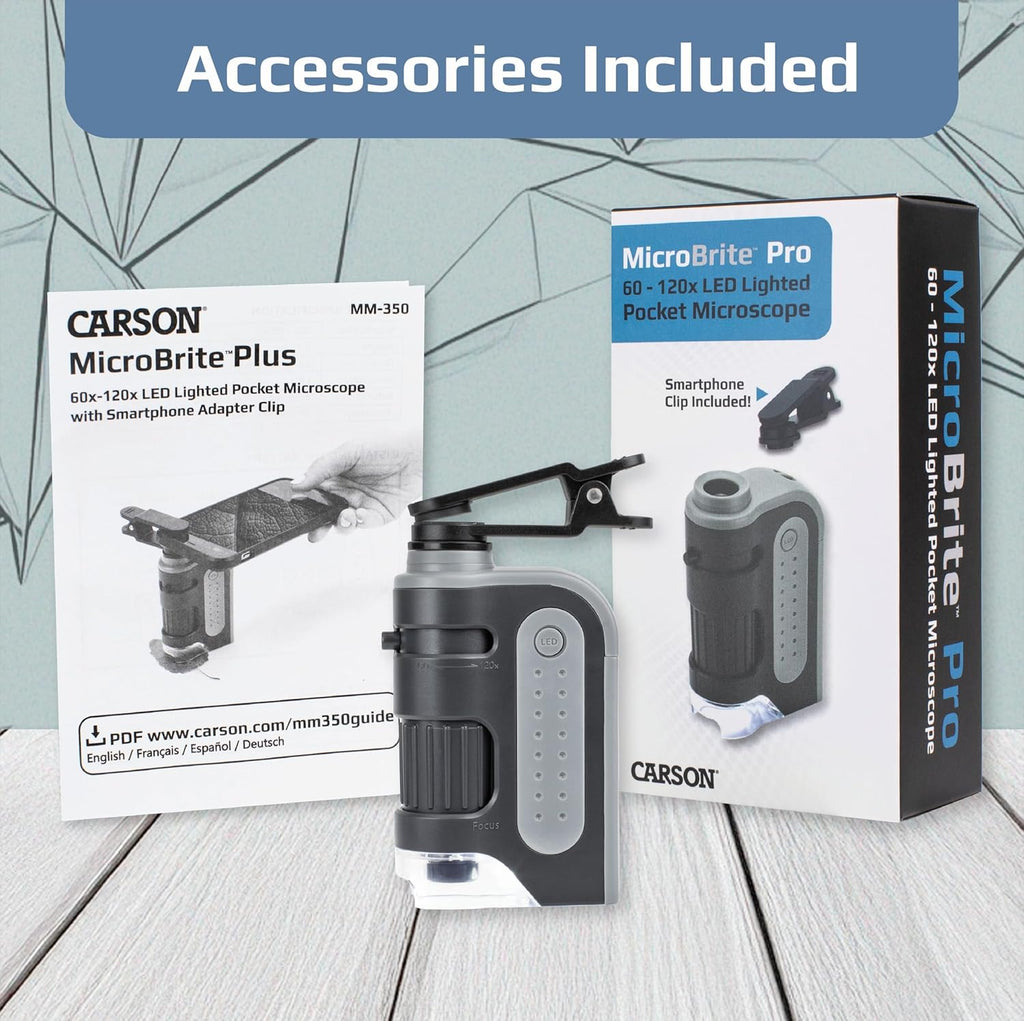 Microbrite Portable Digital Pocket Microscope for Kids or Adults, Accurate 60X-120X Zoom, Handheld Microscope with Phone Clip & Smartphone App (MM-350)