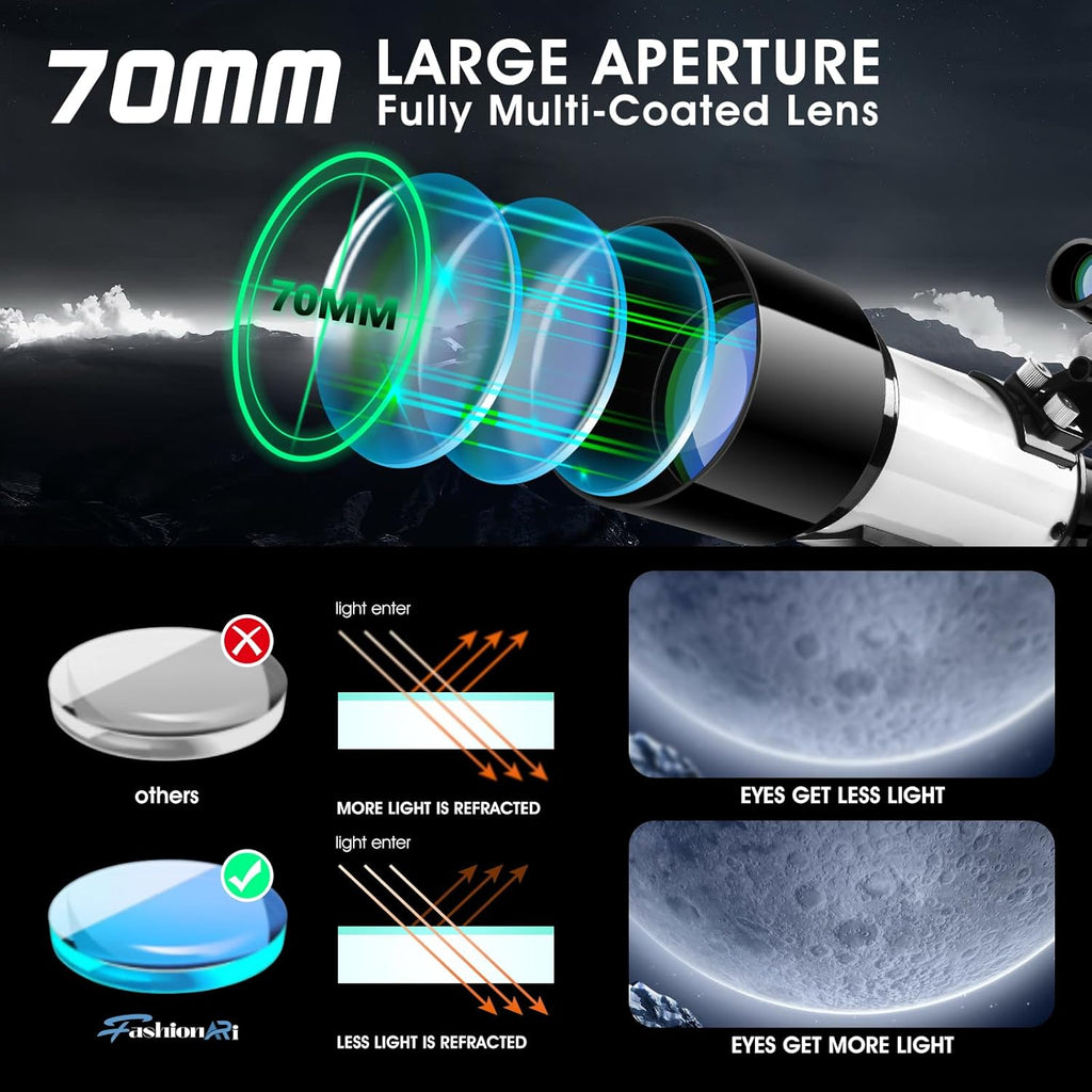 Telescope for Kids Adults Beginners,70Mm Aperture 400Mm Focal Length Telescopio for Astronomy, Multi Coated Travel Refractor Astronomical Telescopes