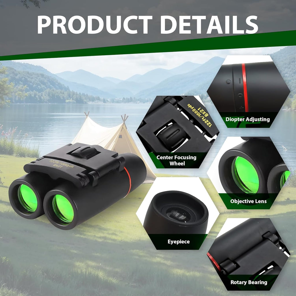 Binoculars for Adults and Kids, High Powered Portable & Compact Binoculars, for Bird Watching, Cruise Ship, Travel, Hunting Essentials (Black, 8×21)