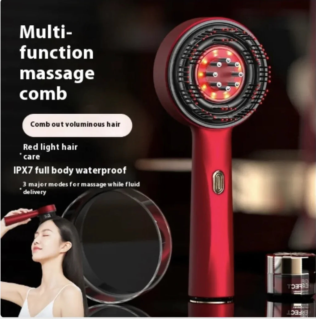 Electric Scalp Massager Comb with Serum/Oil Applicator – Red Light + Microcurrent Support, 8-Nozzle Even Dispersion, 72 Silicone Tips, IPX7 Head, USB-C, For Fuller-Looking Hair & Scalp Care
