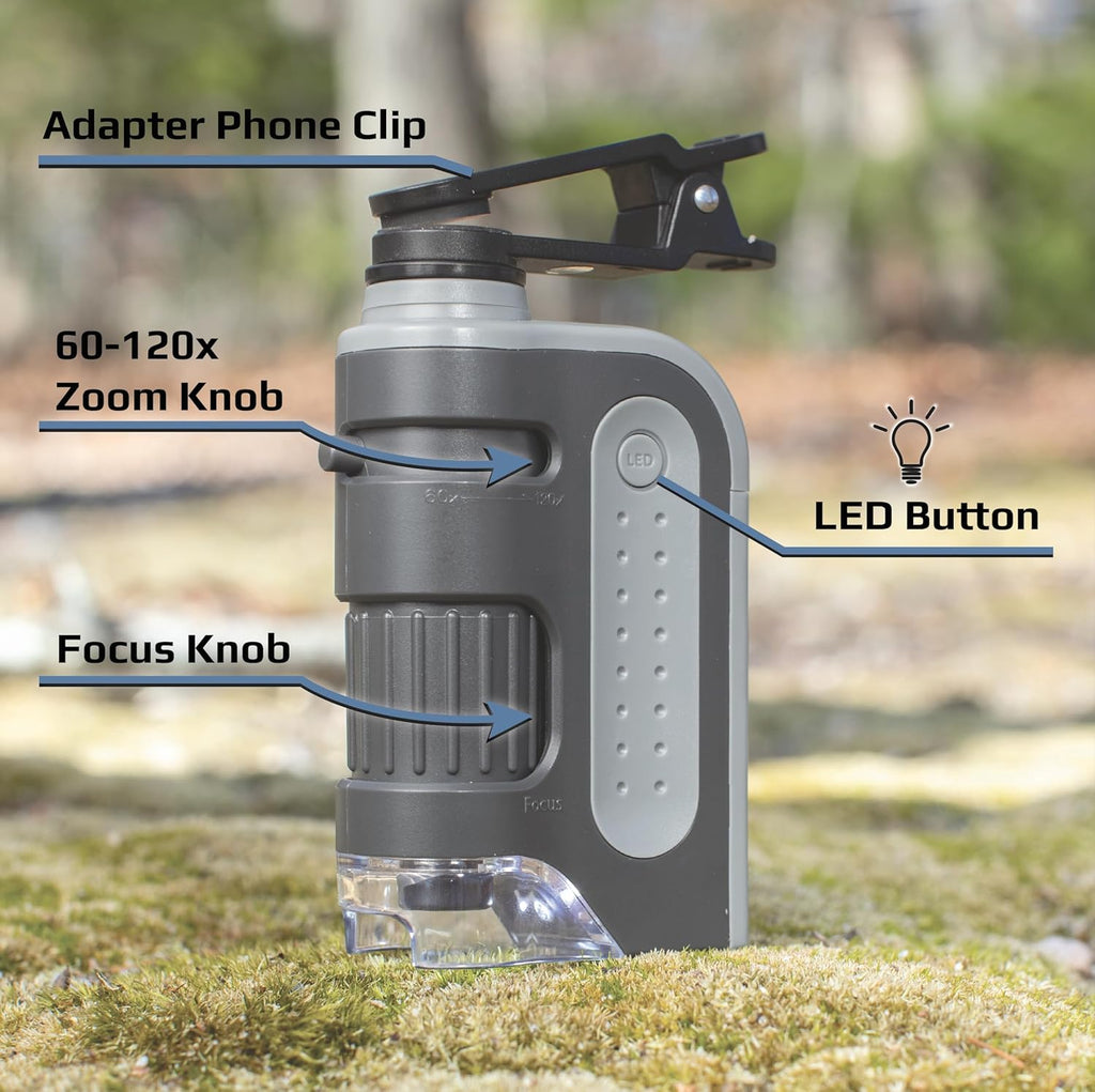 Microbrite Portable Digital Pocket Microscope for Kids or Adults, Accurate 60X-120X Zoom, Handheld Microscope with Phone Clip & Smartphone App (MM-350)