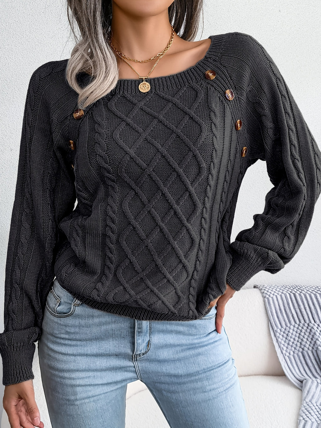 Textured Button Lantern Sleeve Sweater – Women’s Casual Knit