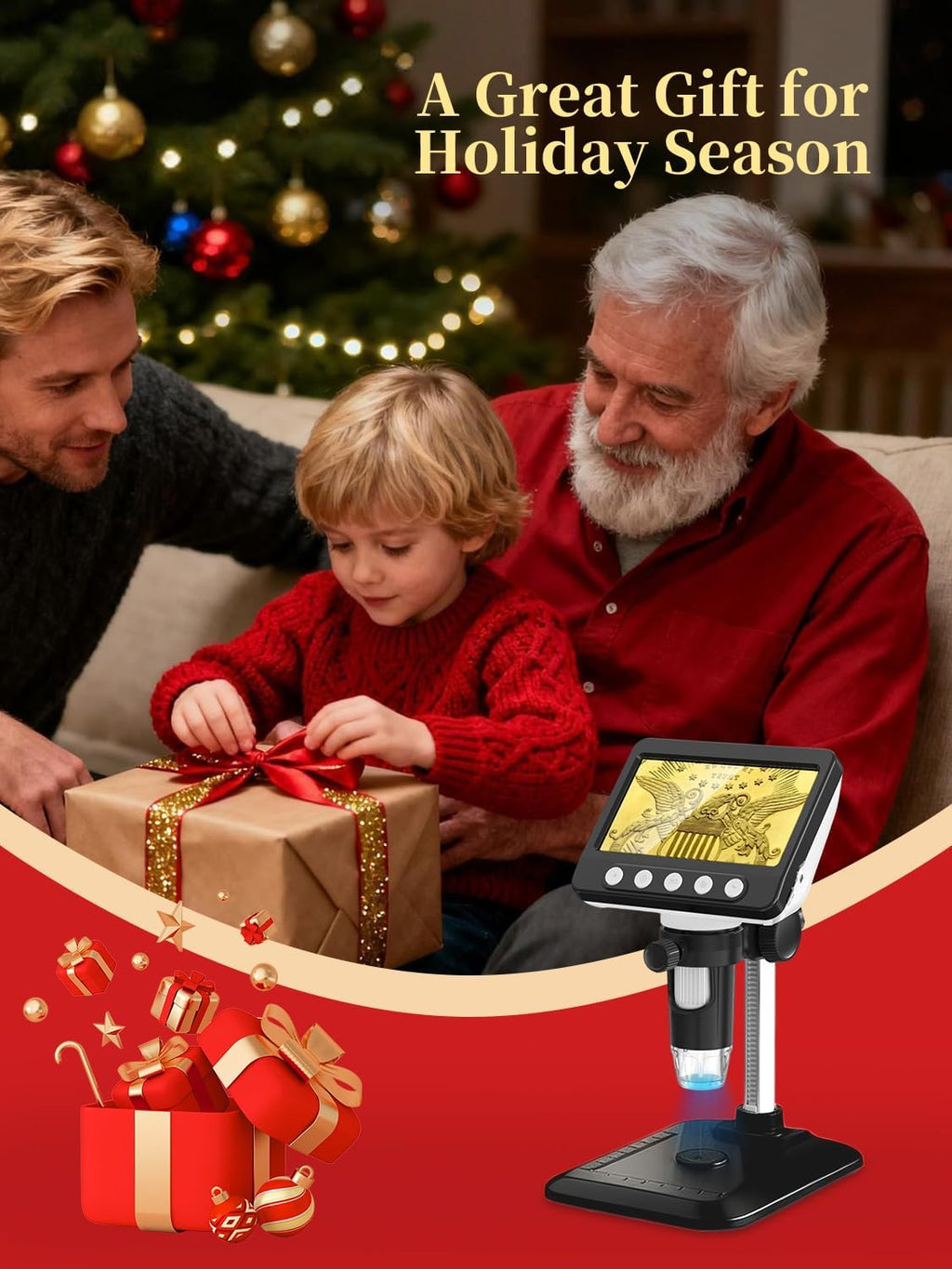 Coin Microscope, 4.3" LCD USB Digital Microscope 1000X Coin Magnifier with 8 Adjustable LED Lights, 1080P PC View Compatible with Windows/Macbook for Adults Kids