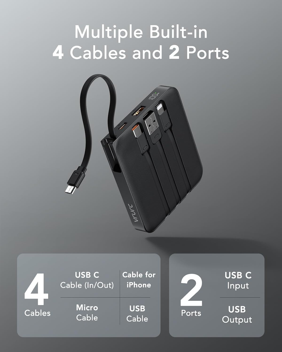 Portable Charger with Built-In Cable, 10000Mah 22.5W Fast Charging USB C Battery Pack, Cell Phone Power Bank for Iphone 17 16 15 Samsung Galaxy S25 S24 S23 Series Android Tablet, Black(1 Pack)