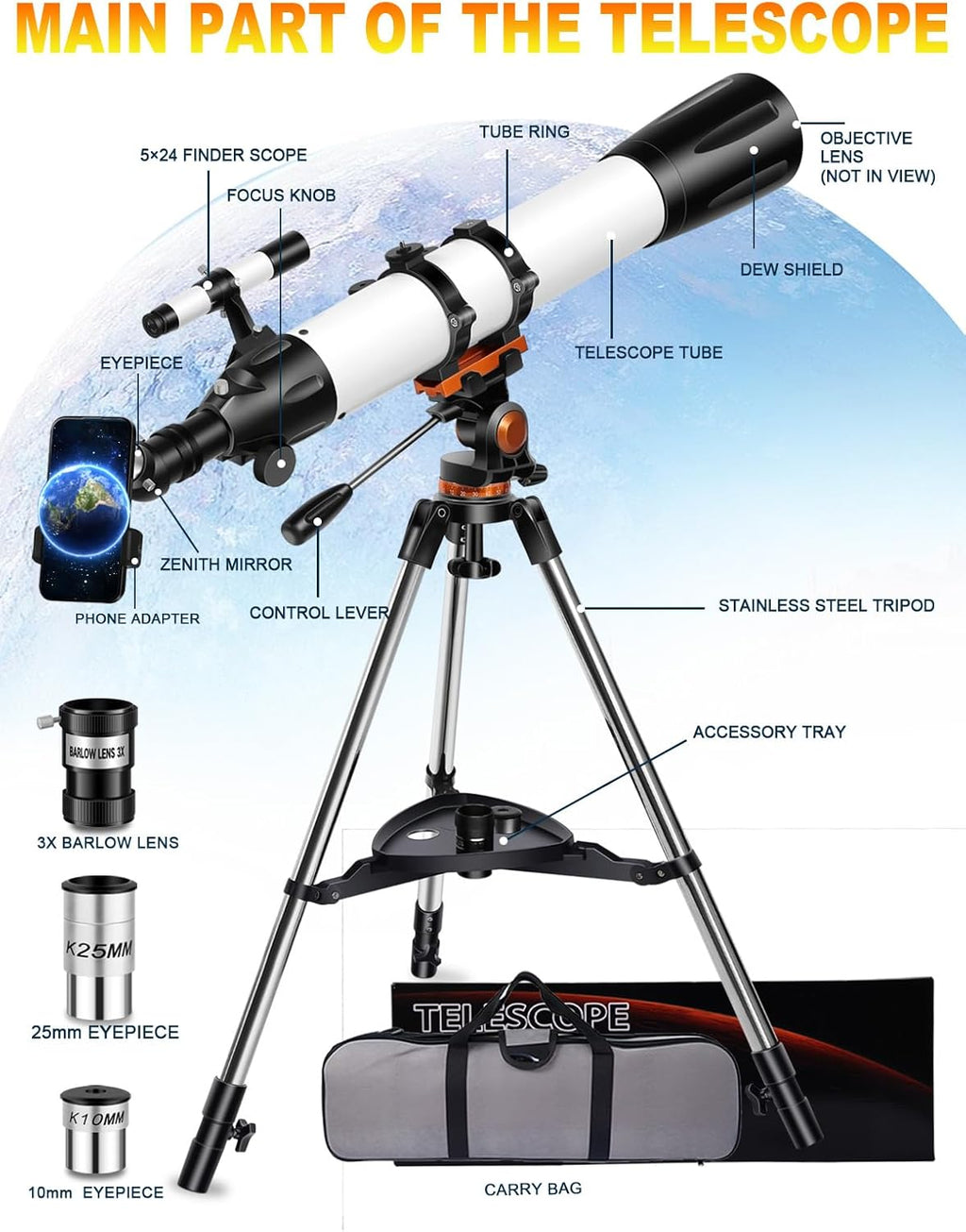 Telescope for Adults High Powered 90Mm Aperture 800Mm(32X-240X),Refractor Telescopes for Astronomy Beginners with AZ Mount Tripod,Phone Adapter,Carry Bag(80090White)