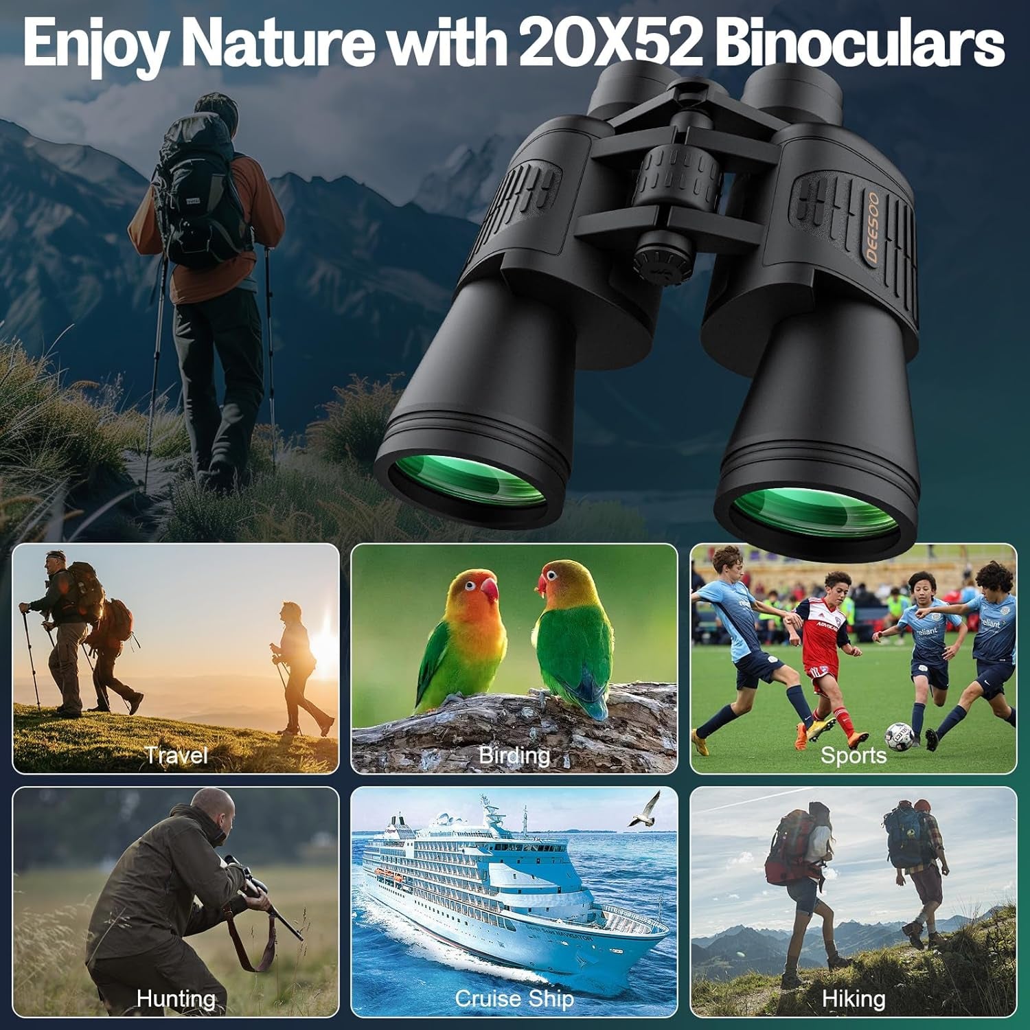20X52 Binoculars for Adults High Powered - HD Large View Binoculars with Low Light Vision - Professional Binocular for Bird Watching Hunting Travel Cruise Outdoor Sports with Carrying Bag