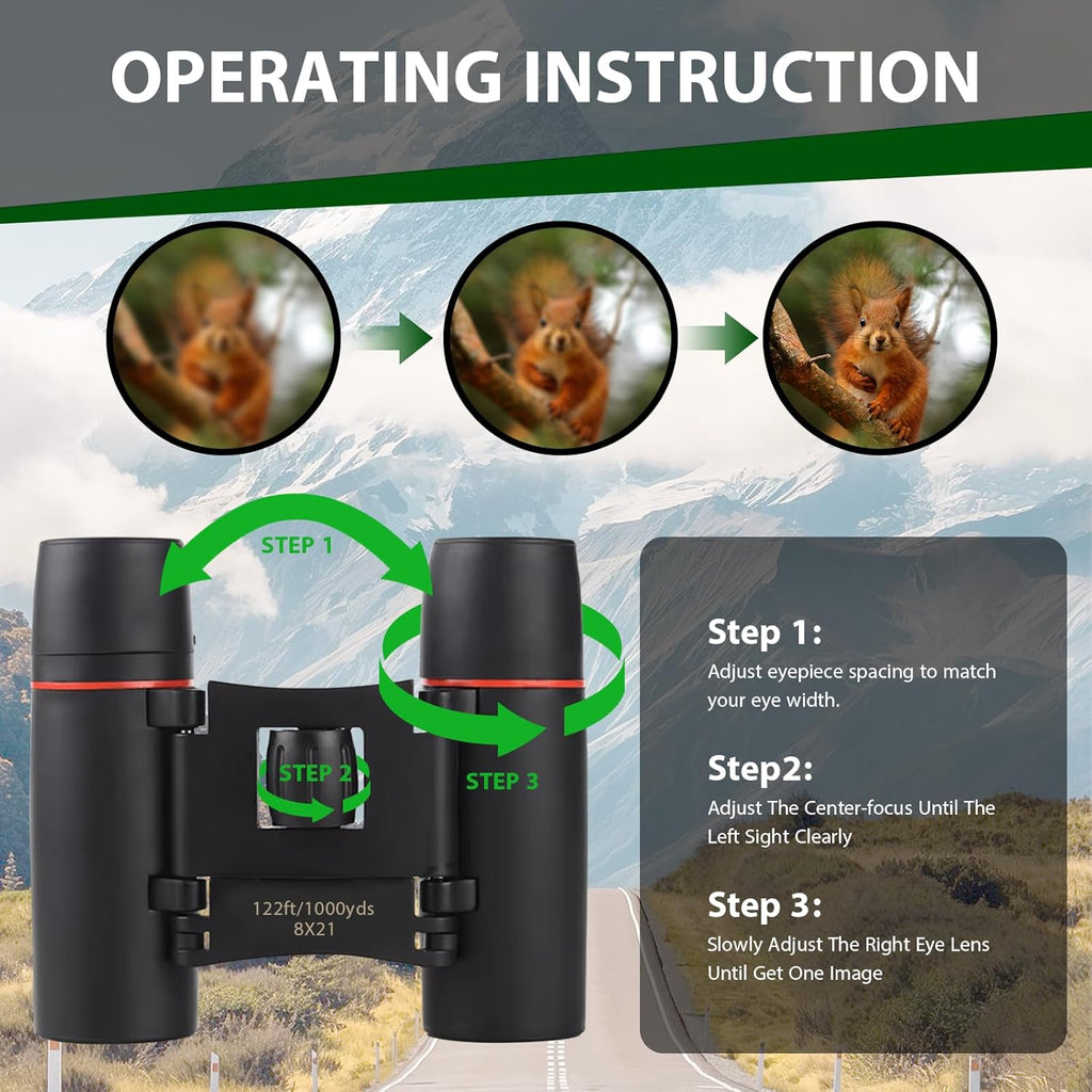 Binoculars for Adults and Kids, High Powered Portable & Compact Binoculars, for Bird Watching, Cruise Ship, Travel, Hunting Essentials (Black, 8×21)