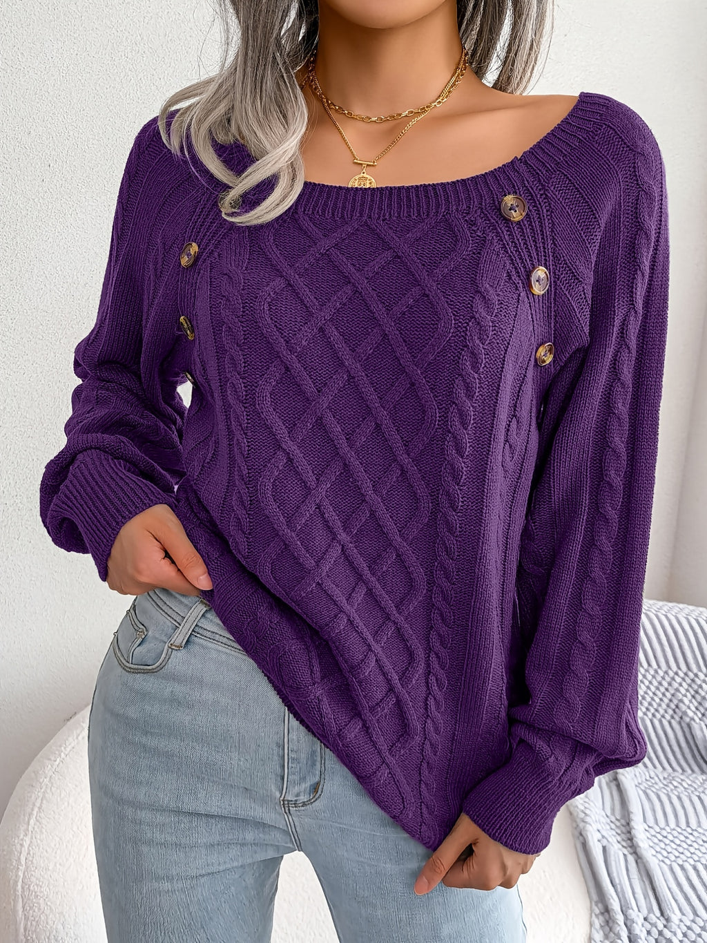 Textured Button Lantern Sleeve Sweater – Women’s Casual Knit