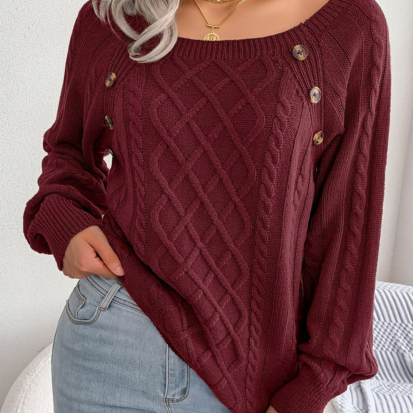 Textured Button Lantern Sleeve Sweater – Women’s Casual Knit