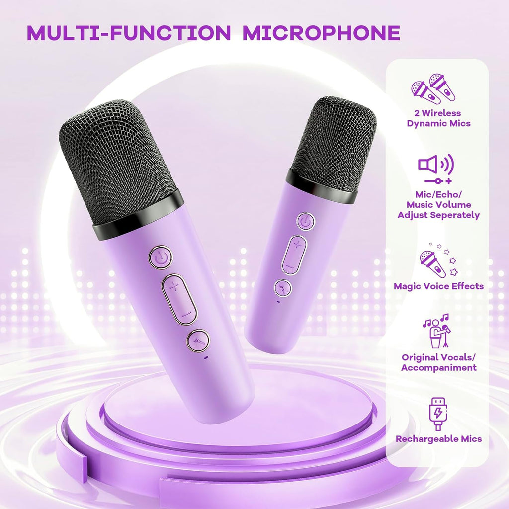 Mini Karaoke Machine with 2 Wireless Microphones, TOP Kids Gifts for Girls Ages 3, 4, 5, 6, 7, 8, 9, 10, 11, 12 +Years Old, 4-12Th Christmas Birthday Toy Gift for Girls Boys Party (Purple)