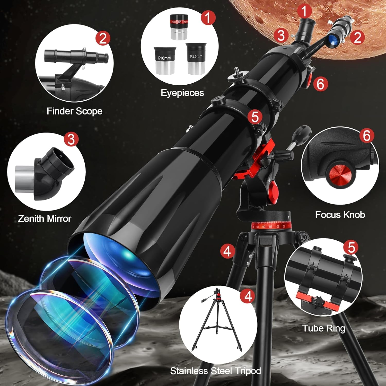 Telescope,Telescope for Adults High Powered, 90Mm Aperture 900Mm Professional Refractor Telescopes for Kids & Beginners, Magnification 450X,For Planet Observation with Stainless Tripod & Phone Adapter