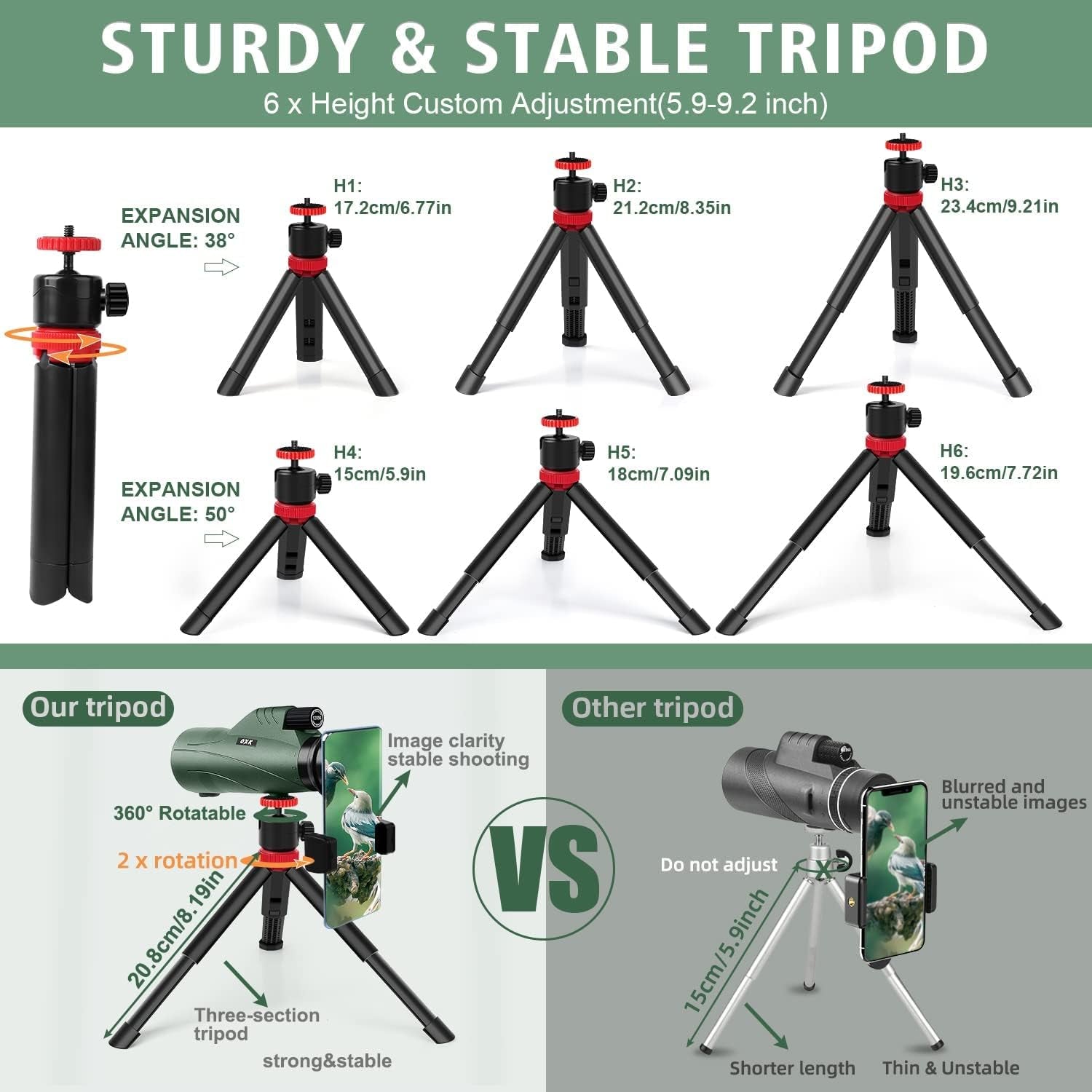 12X56 High Power Monocular Telescope for Adults | Comes with Smartphone Adapter Tripod Travel Bag | Bird Watching Hunting Hiking Camping Gift - Green