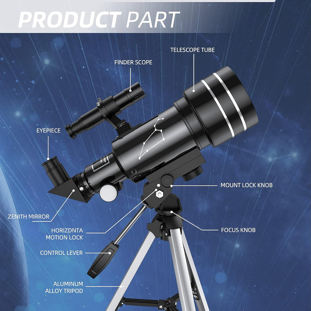 Telescope for Adults Beginners, 70Mm Aperture 400Mm Refractor Telescopes for Astronomy Beginners, Portable Travel Telescope Astronomy Gifts (40070)