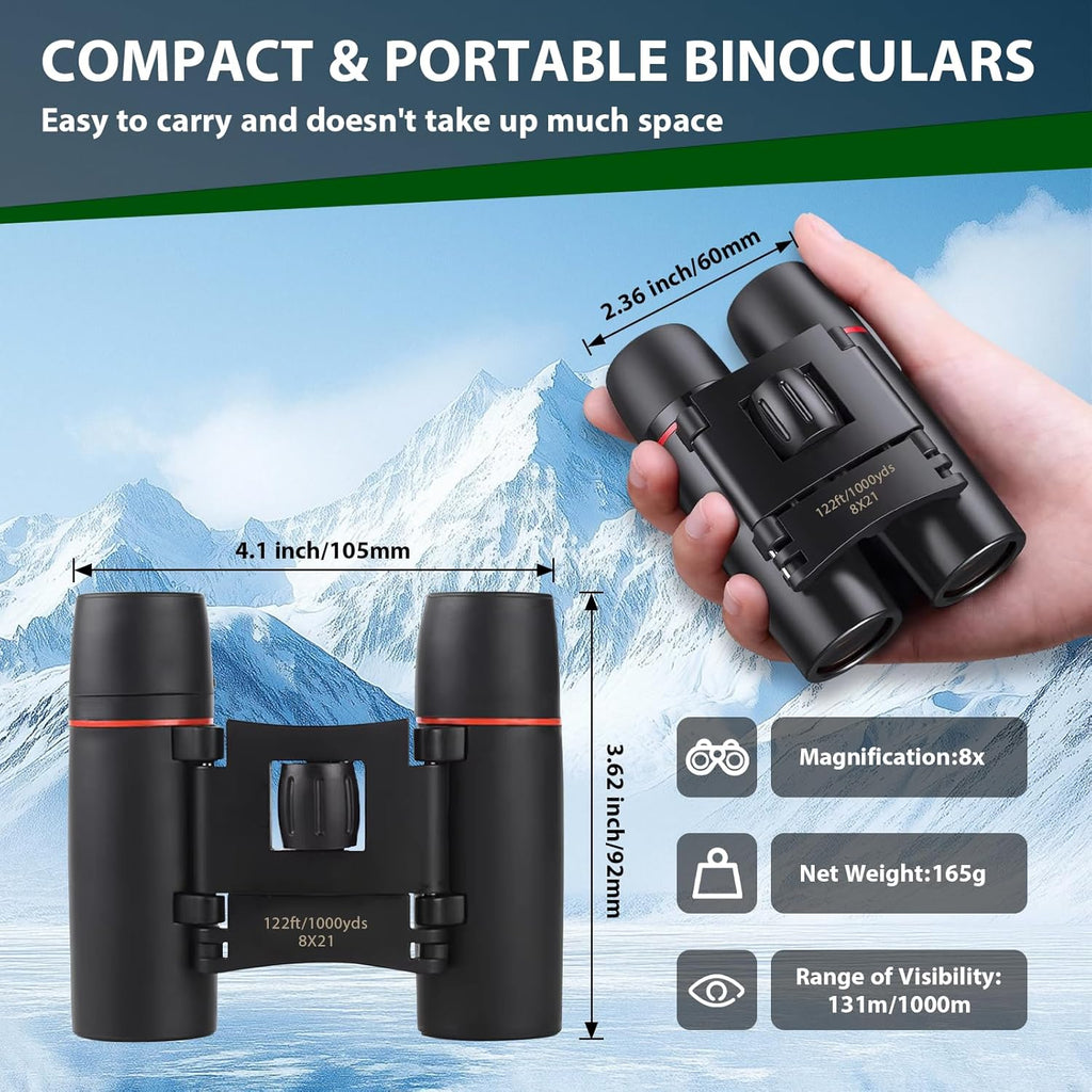Binoculars for Adults and Kids, High Powered Portable & Compact Binoculars, for Bird Watching, Cruise Ship, Travel, Hunting Essentials (Black, 8×21)