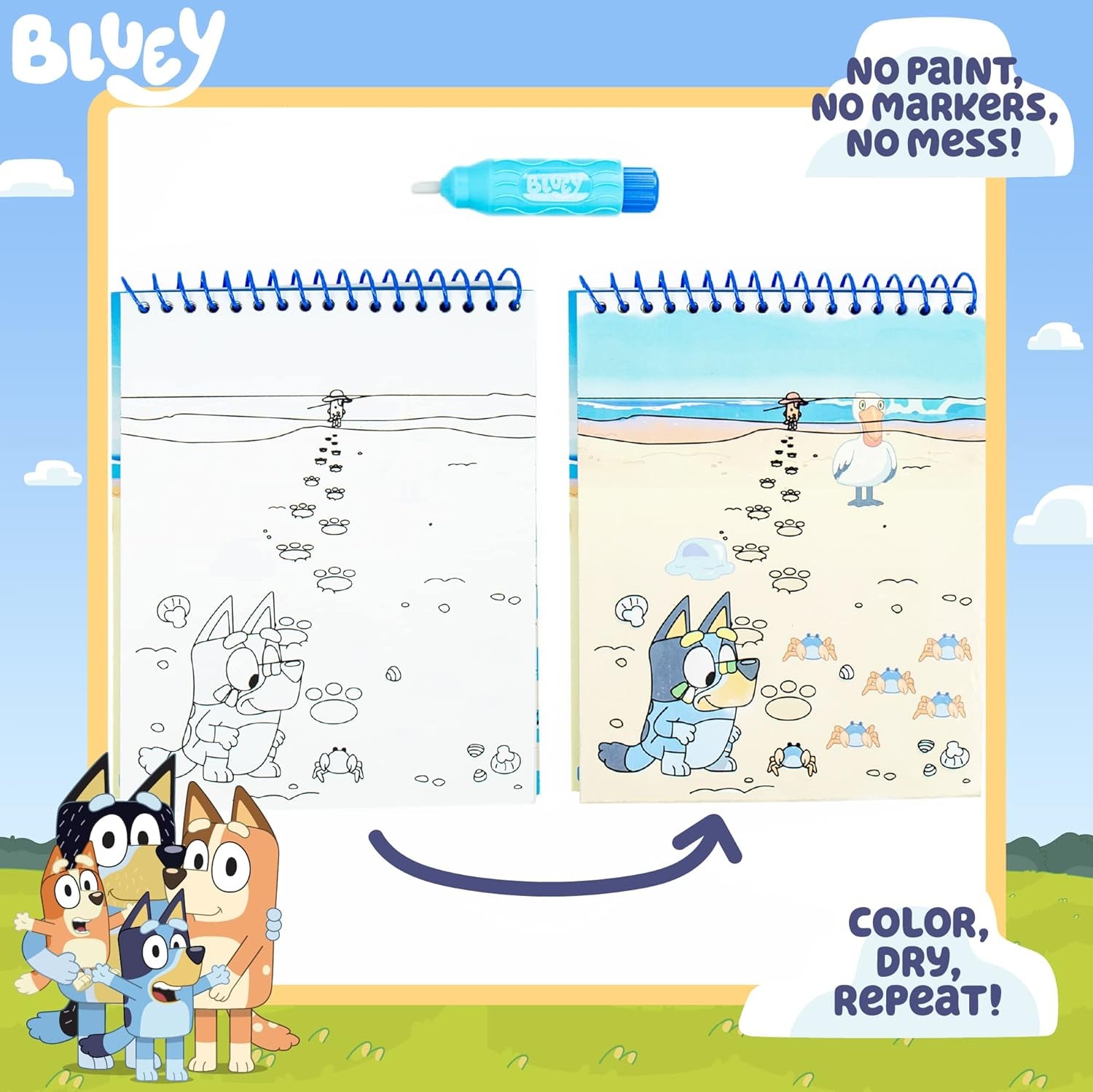 Bluey Aqua Art - Reusable Water Reveal Activity Pages with Water Pen for No-Mess Drawing and Coloring