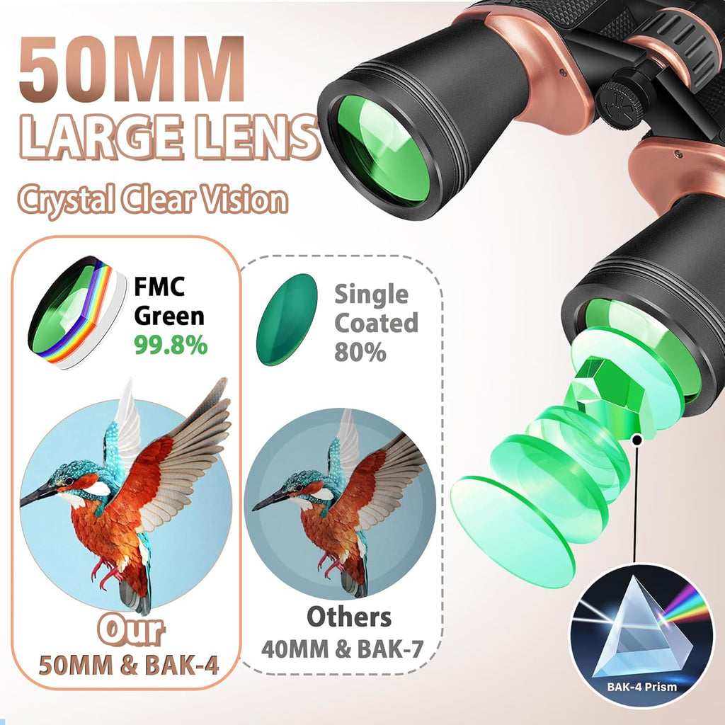 22X50 Binoculars for Adults High Powered, BAK-4 Prism HD FMC, Professional Waterproof Binoculars for Bird Watching, Hunting, Travel with Carrying Bag