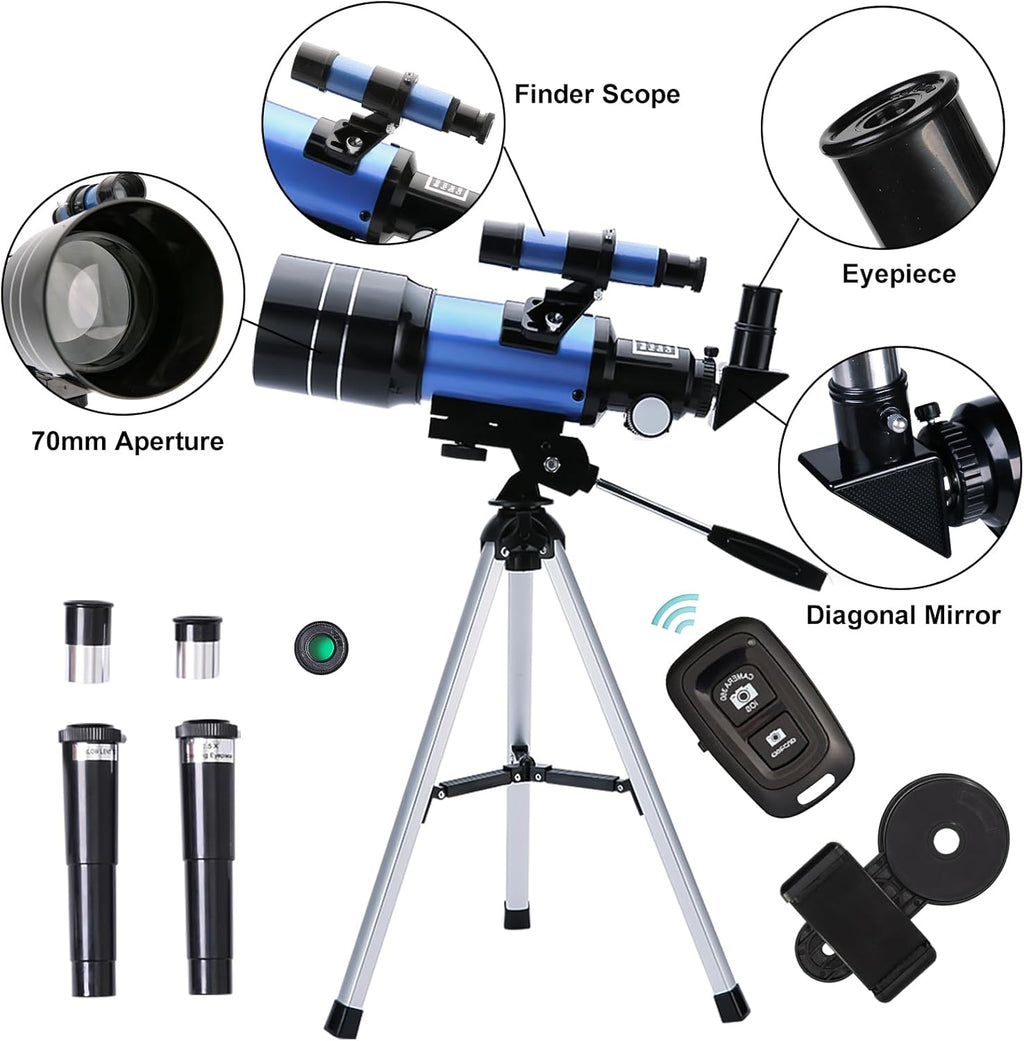 Telescope for Adults & Kids, 70Mm Aperture (15X-150X) Portable Refractor Telescopes for Astronomy Beginners, 300Mm Professional Travel Telescope with a Smartphone Adapter& Wireless Remote