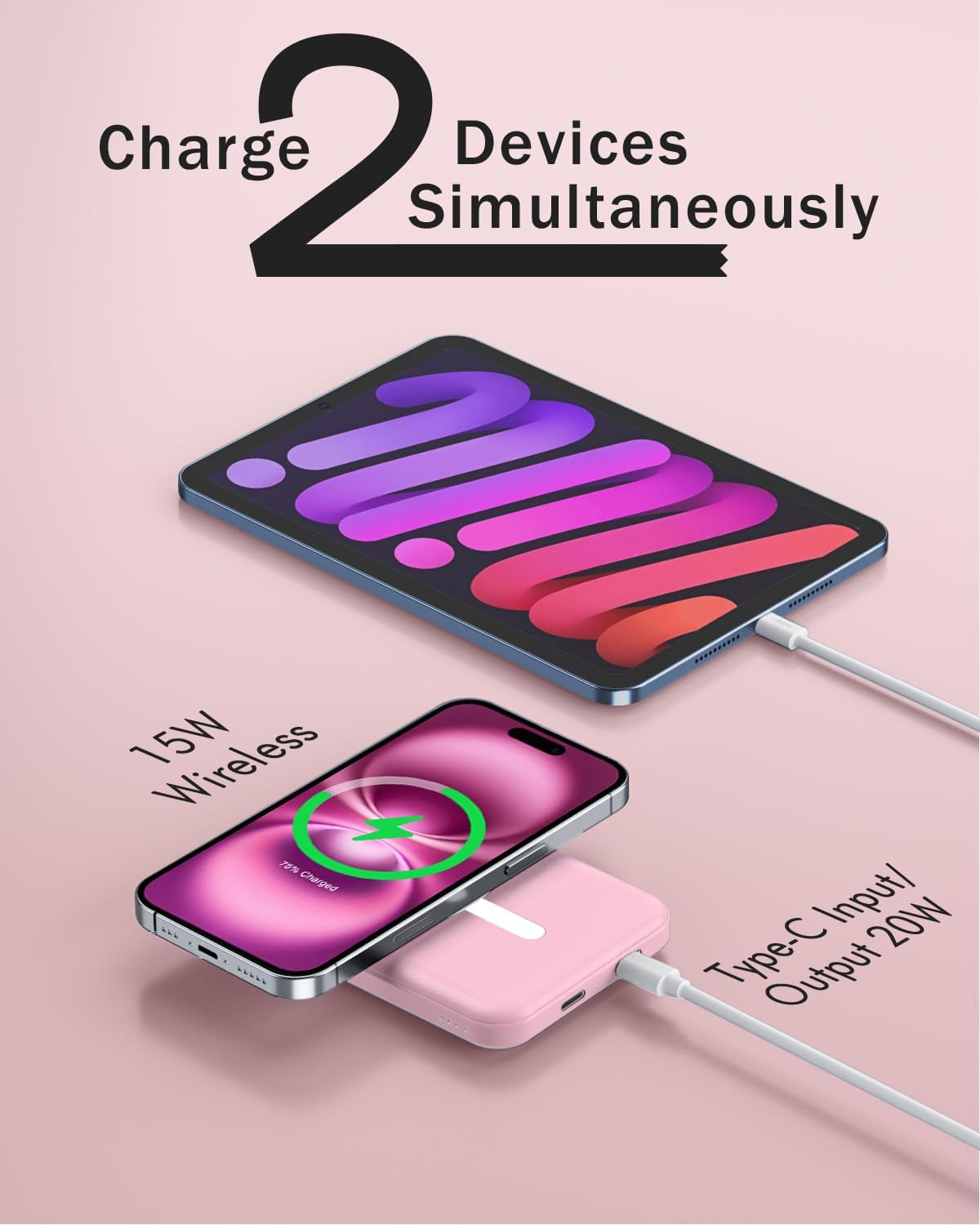 for Magsafe Battery Pack, 5000Mah Magnetic Power Bank with Type-C Cable 20W PD Fast Charging Lighting Input Wireless Portable Charger for Iphone 17/16/15/14/13/12/ All Series-Pink