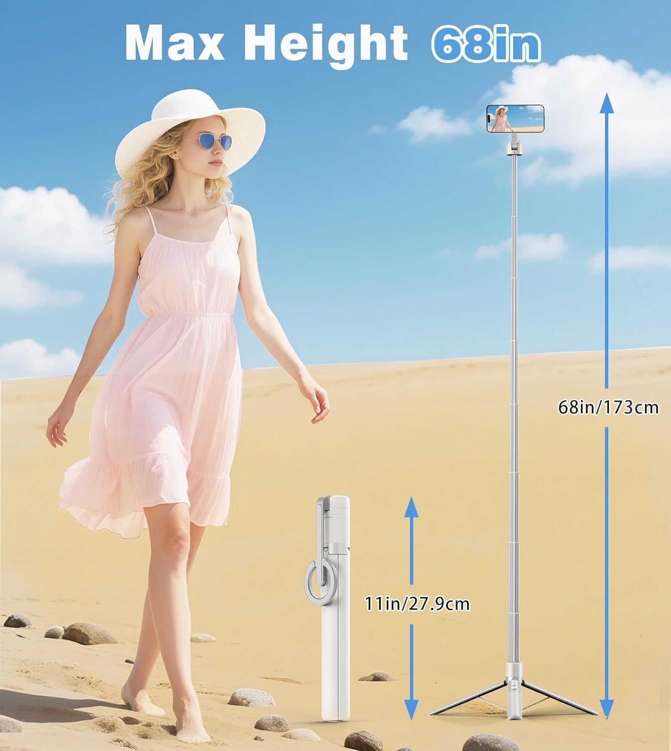 68" Magnetic Selfie Stick Tripod with Aluminum Strong Magnetic Holder for Magsafe, 360° Rotatable Travel Phone Tripod Stand with Metal Ring & Rechargeable Remote for Iphone/Android(Beige Gray)