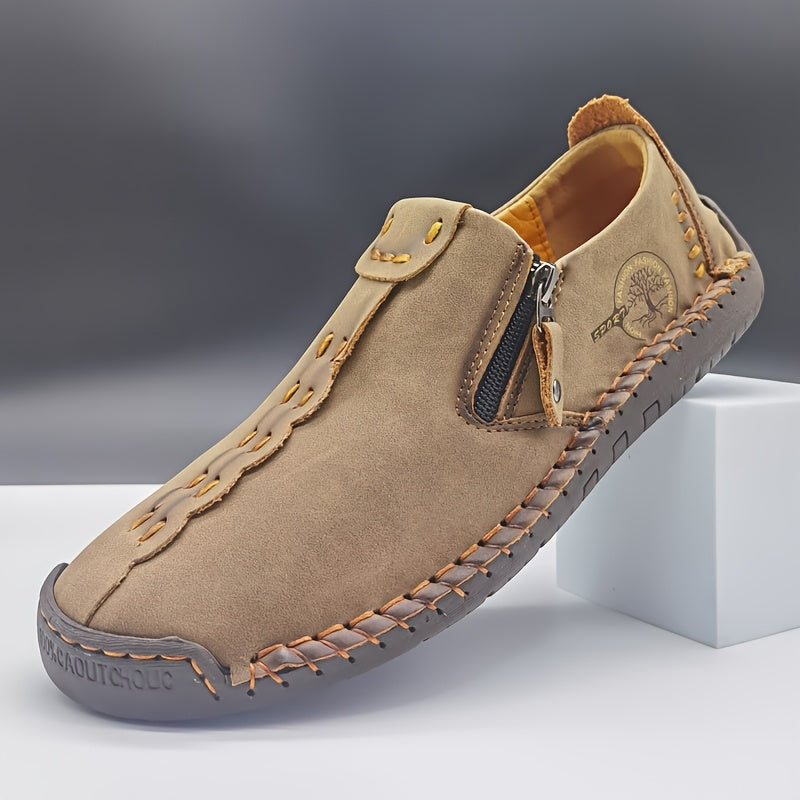Men’s Vintage Zipper Loafers – Brown & Black Round-Toe Microfiber Dress-Casual Shoes