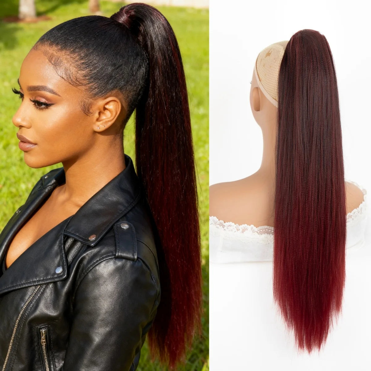 22 Inches Kinky Straight Clip-In Ponytail synthetic Hair Extensions for - Yaki Black Clip-On Ponytail with Natural Texture