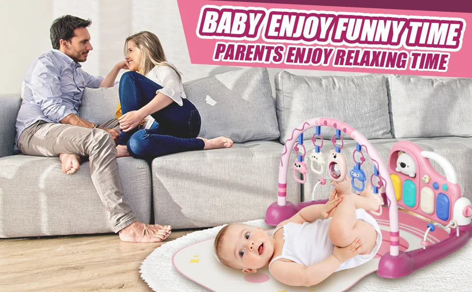 6-in-1 Baby Play Mat Gym 0-12 Months Pink – Kick Piano, Music, Lights, 5 Removable Toys+Bear Rattle – Tummy Time, Motor & Brain