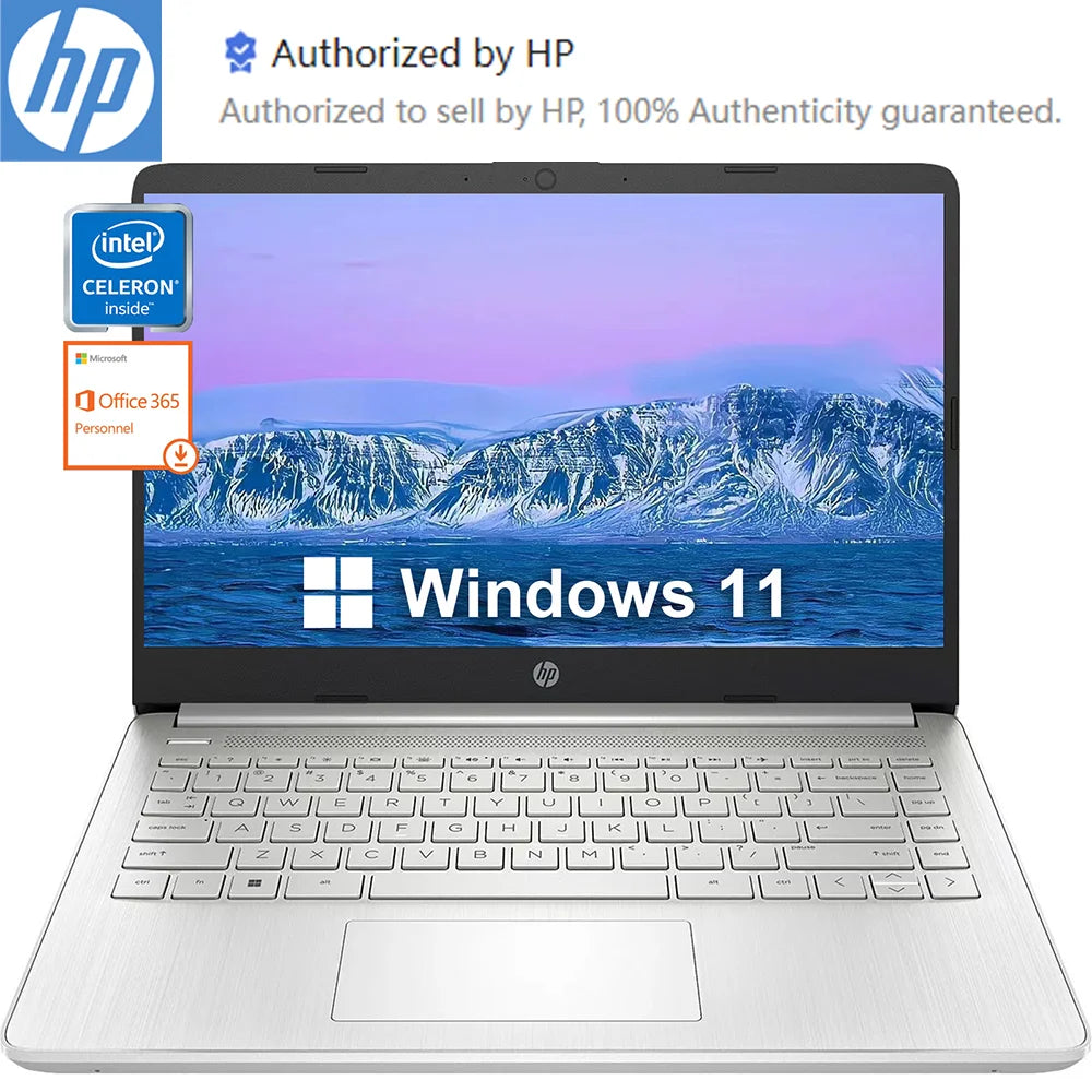 HP 14″ Business Laptop — Intel Celeron N4120, 16GB DDR4 RAM, 384GB Storage (128GB eMMC + 256GB MicroSD), Windows 11 Home S, 1-Year Office 365, Silver