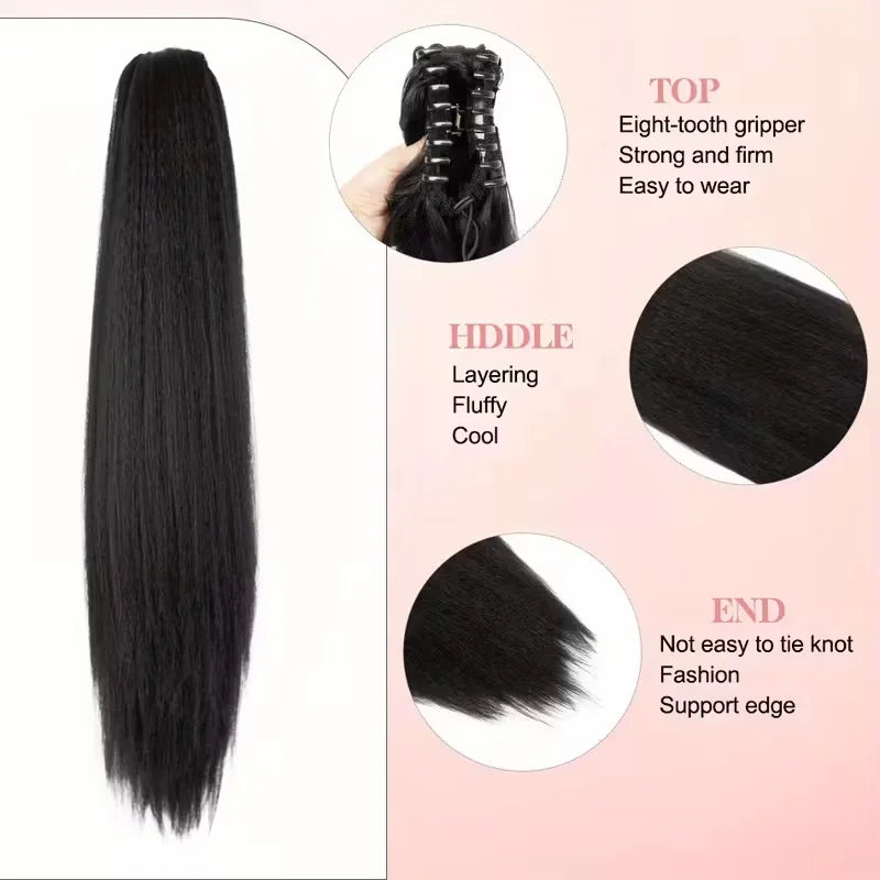 22 Inches Kinky Straight Clip-In Ponytail synthetic Hair Extensions for - Yaki Black Clip-On Ponytail with Natural Texture